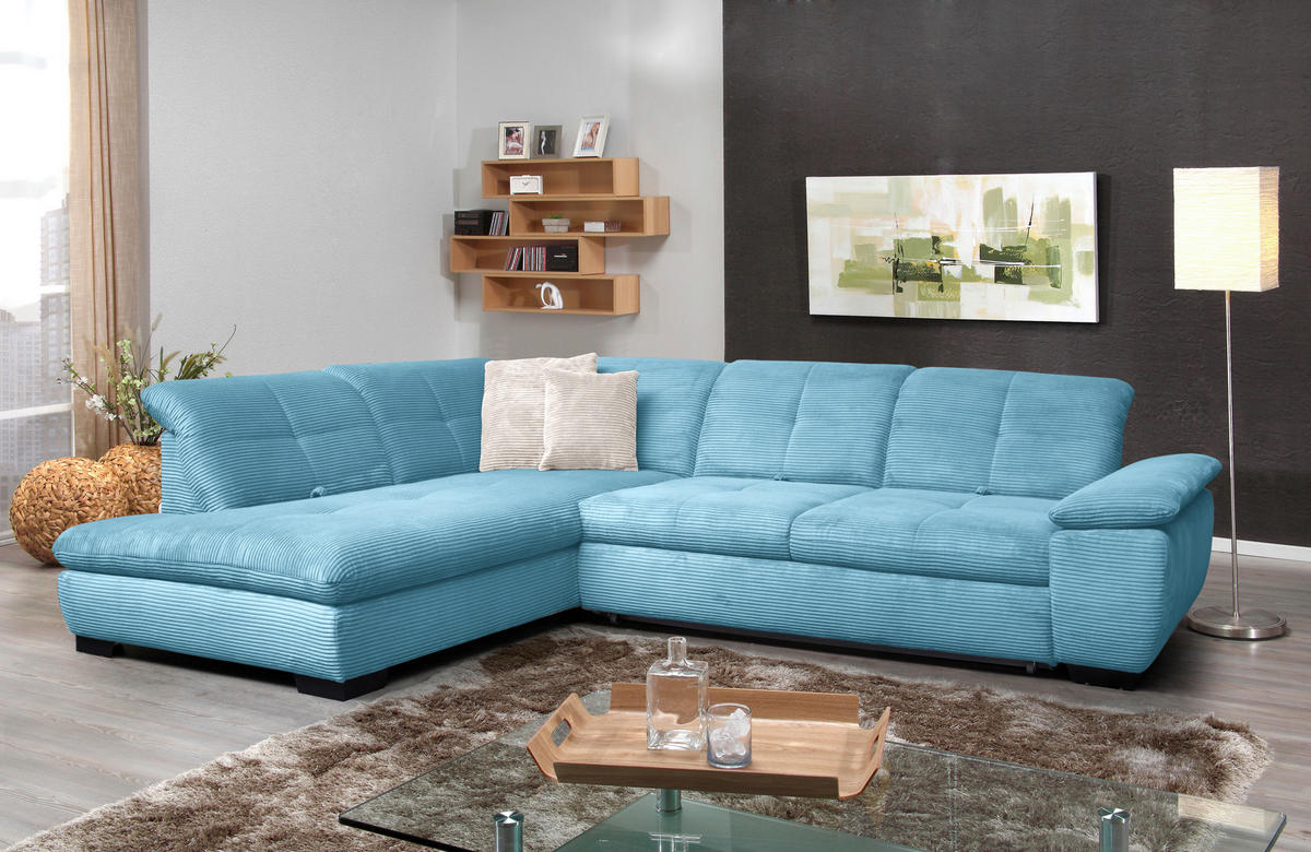 ECKSOFA in Cord Blau  - Blau/Schwarz, Design, Textil/Metall (242/313cm) - Xora