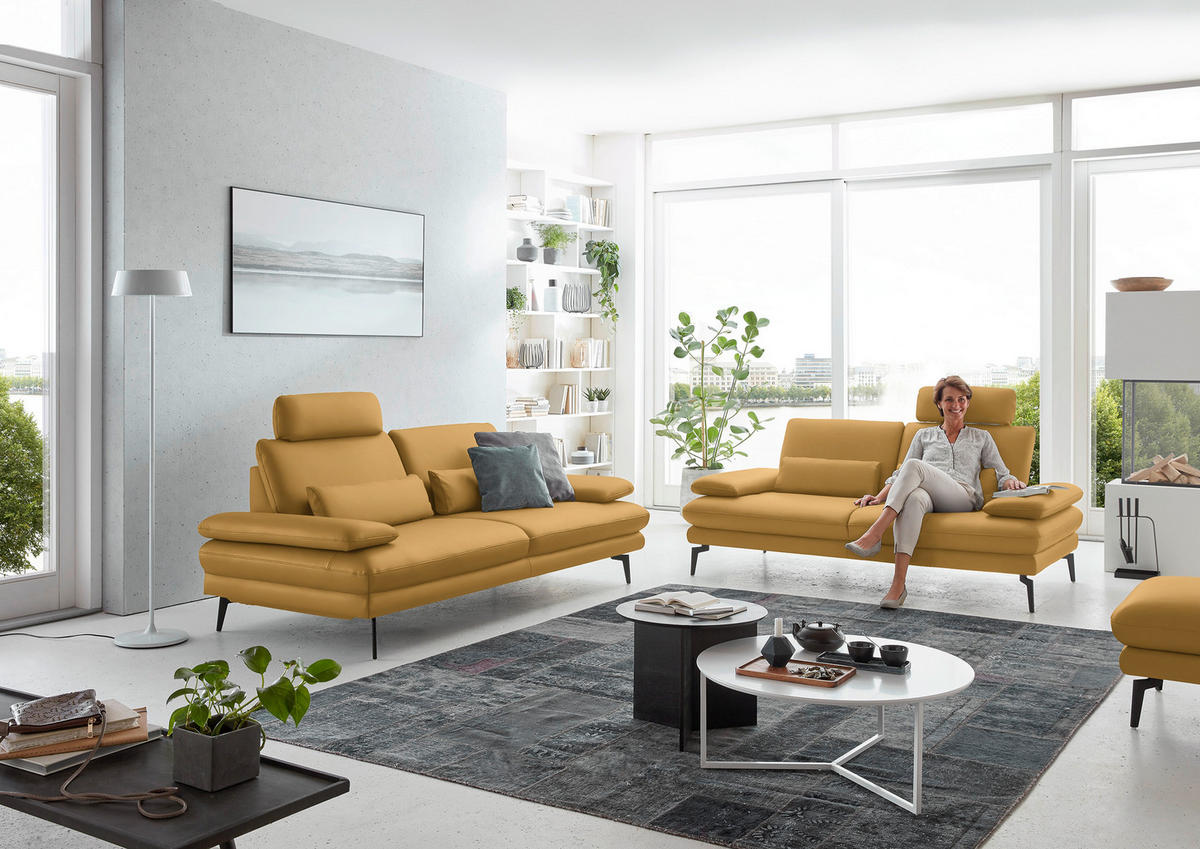 2,5-SITZER in Echtleder Gelb  - Gelb/Schwarz, Design, Leder/Metall (196/86/104cm) - Dieter Knoll