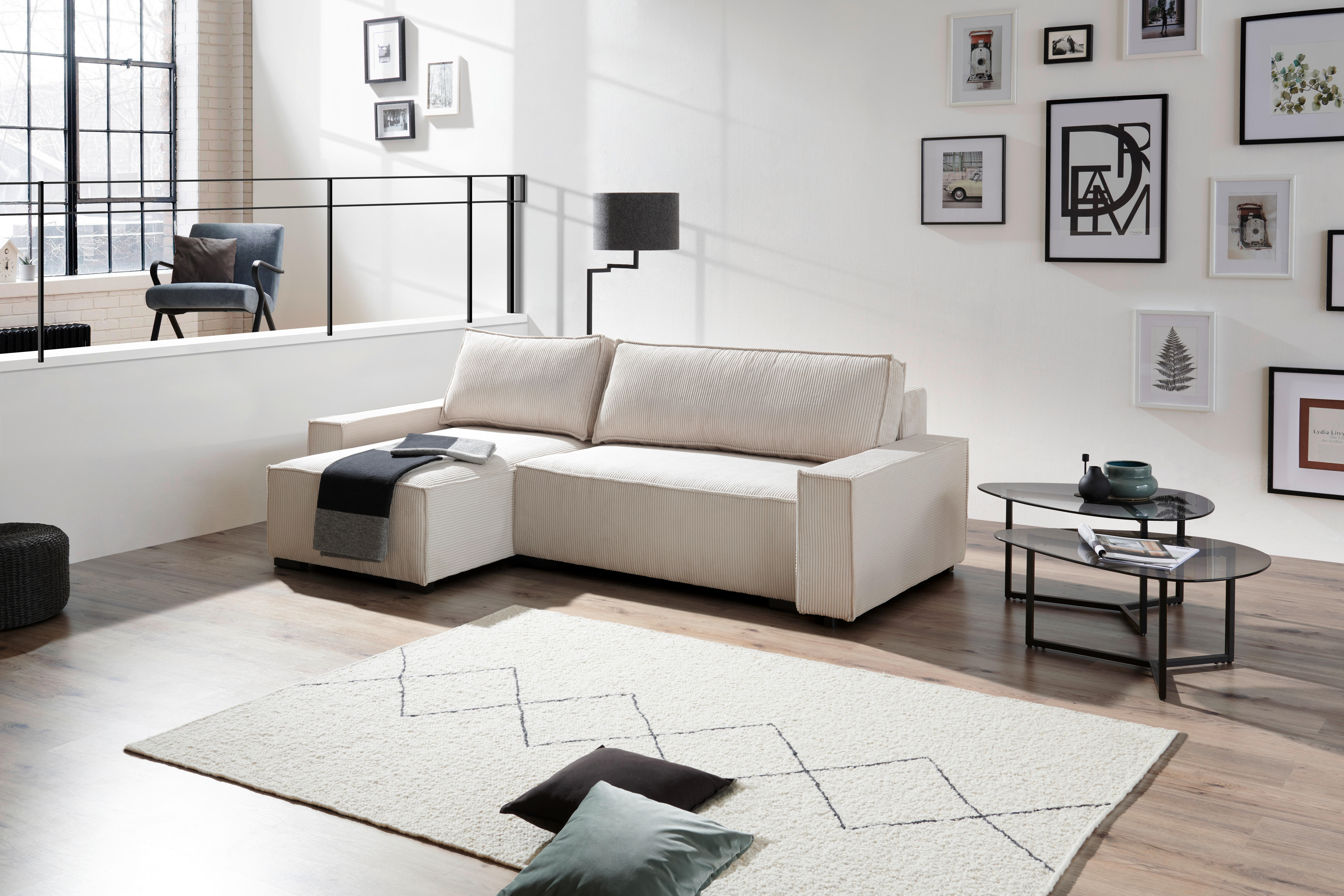 ECKSOFA in Cord Creme  - Creme/Schwarz, Modern, Holz/Textil (157/265cm) - Carryhome