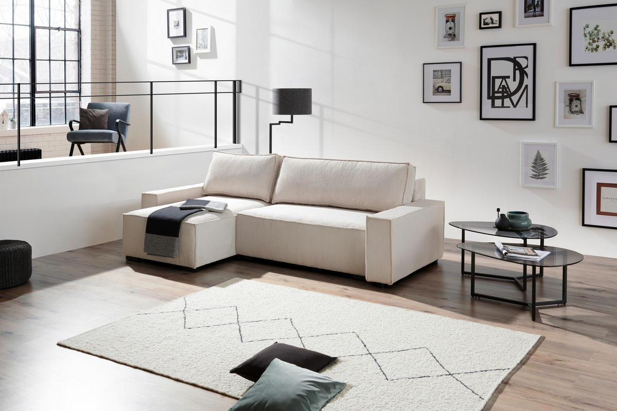 ECKSOFA in Cord Creme  - Creme/Schwarz, Modern, Holz/Textil (157/265cm) - Carryhome