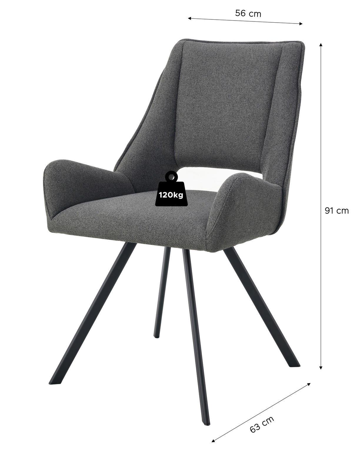 STUHL-SET 2 Stück  in Webstoff  - Anthrazit/Schwarz, MODERN, Textil/Metall (56/91/63cm) - MID.YOU