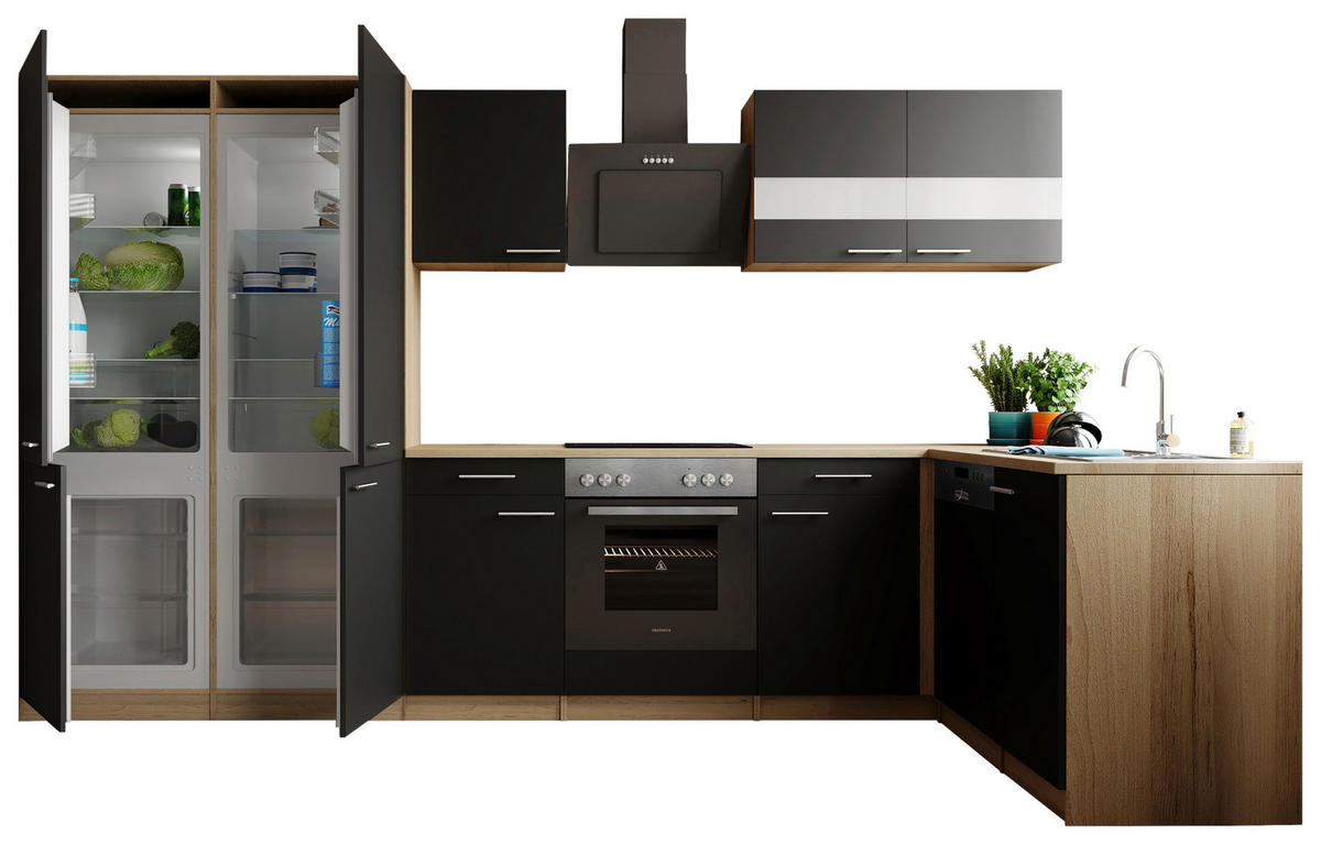 ECKKÜCHE Merle 340/172 cm  in Schwarz  - Edelstahlfarben/Eichefarben, Trend, Holzwerkstoff/Metall (340/172cm) - Respekta