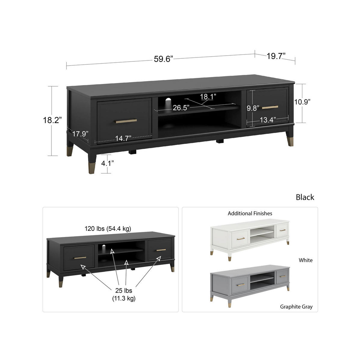 LOWBOARD Westerleigh  in 152/47/50 cm  - Messingfarben/Weiß, Design, Holzwerkstoff/Metall (152/47/50cm) - MID.YOU