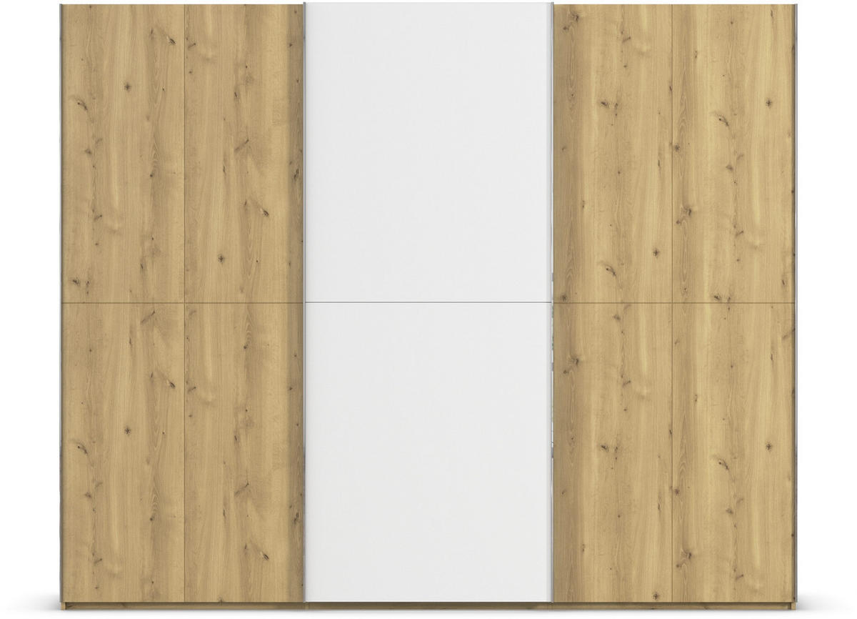 SCHWEBETÜRENSCHRANK 270/223/68 cm 3-türig Weiß, Eichefarben, Chromfarben  - Chromfarben/Eichefarben, Design, Glas/Holz (270/223/68cm) - Novel