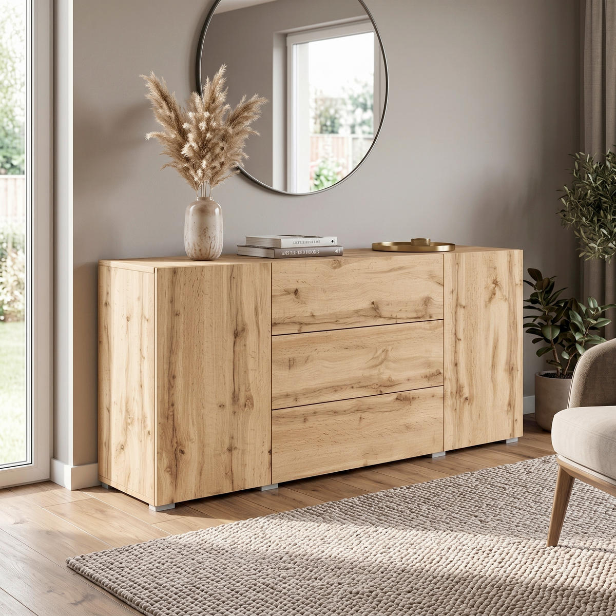 SIDEBOARD Berlin 150/68/38,5 cm 3 Schublade(n)  - Eiche Wotan/Grau, Design, Holzwerkstoff/Kunststoff (150/68/38,5cm) - P & B