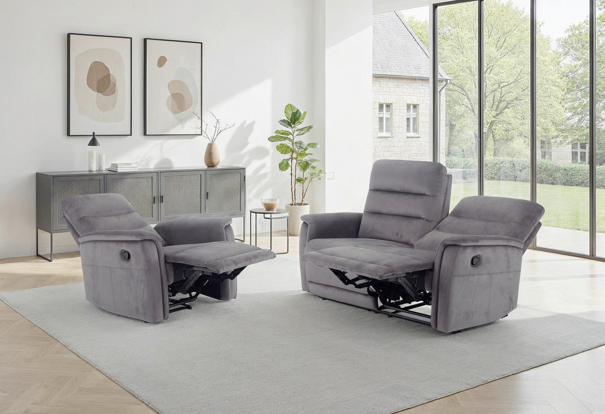 SITZGARNITUR  in Velours Grau  - Schwarz/Grau, KONVENTIONELL, Textil/Metall - P & B