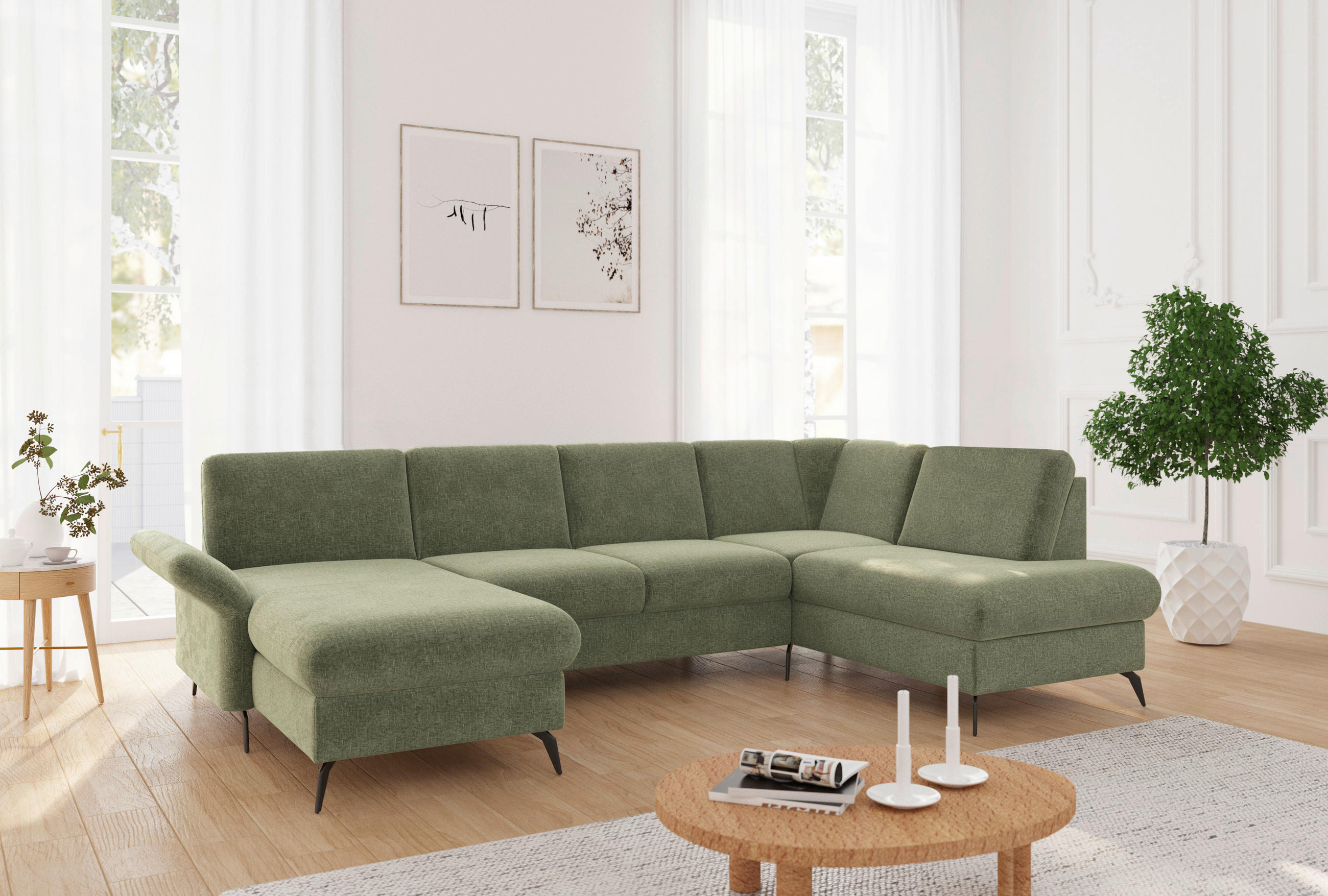 WOHNLANDSCHAFT ROCHELLE E in Flachgewebe Hellgrün  - Schwarz/Hellgrün, KONVENTIONELL, Textil/Metall (164/314/195cm) - Sit & More