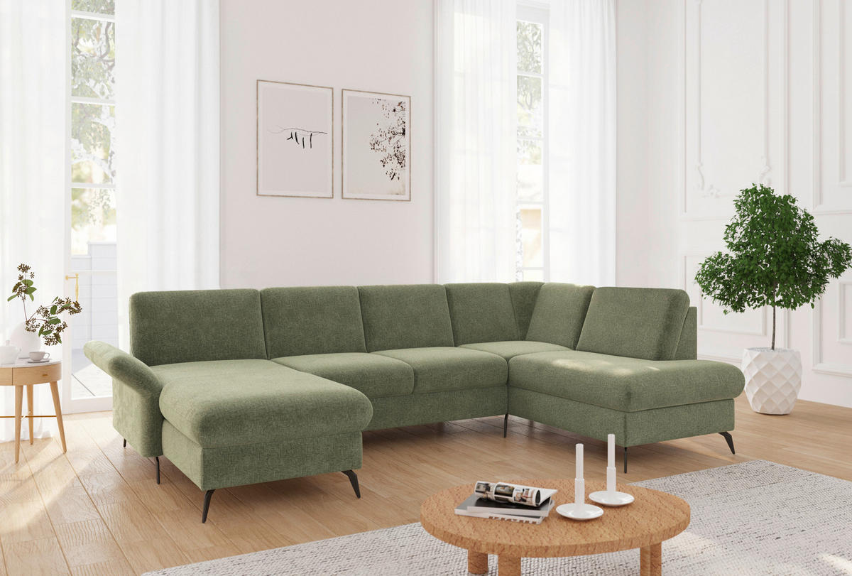 WOHNLANDSCHAFT ROCHELLE E Hellgrün Flachgewebe  - Schwarz/Hellgrün, KONVENTIONELL, Textil/Metall (164/314/195cm) - Sit & More