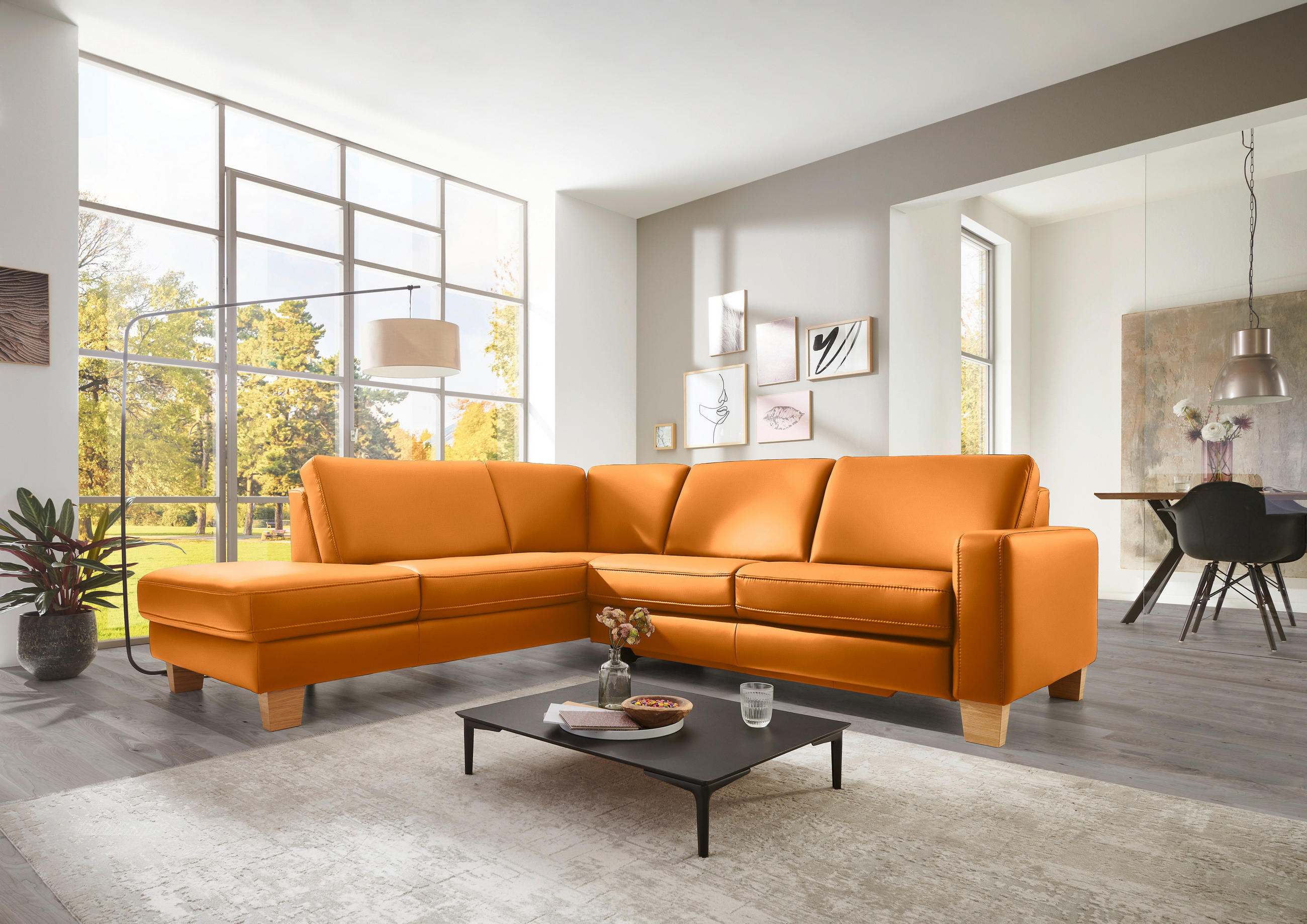ECKSOFA in Echtleder Currygelb  - Currygelb/Eiche Bianco, Konventionell, Leder/Holz (235/257cm) - Valdera