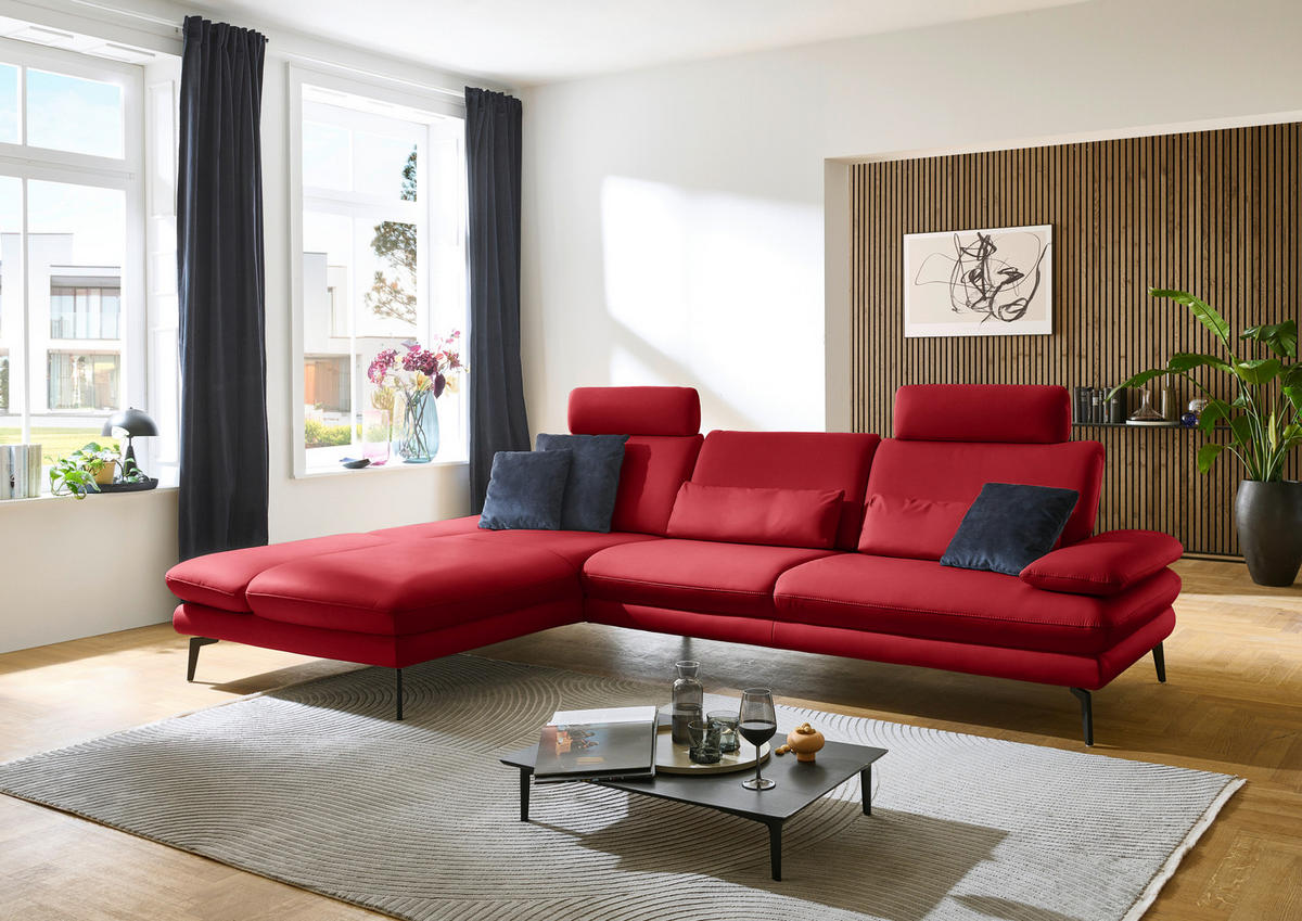 ECKSOFA in Echtleder Rot  - Rot/Schwarz, Design, Leder/Metall (195/308cm) - Dieter Knoll