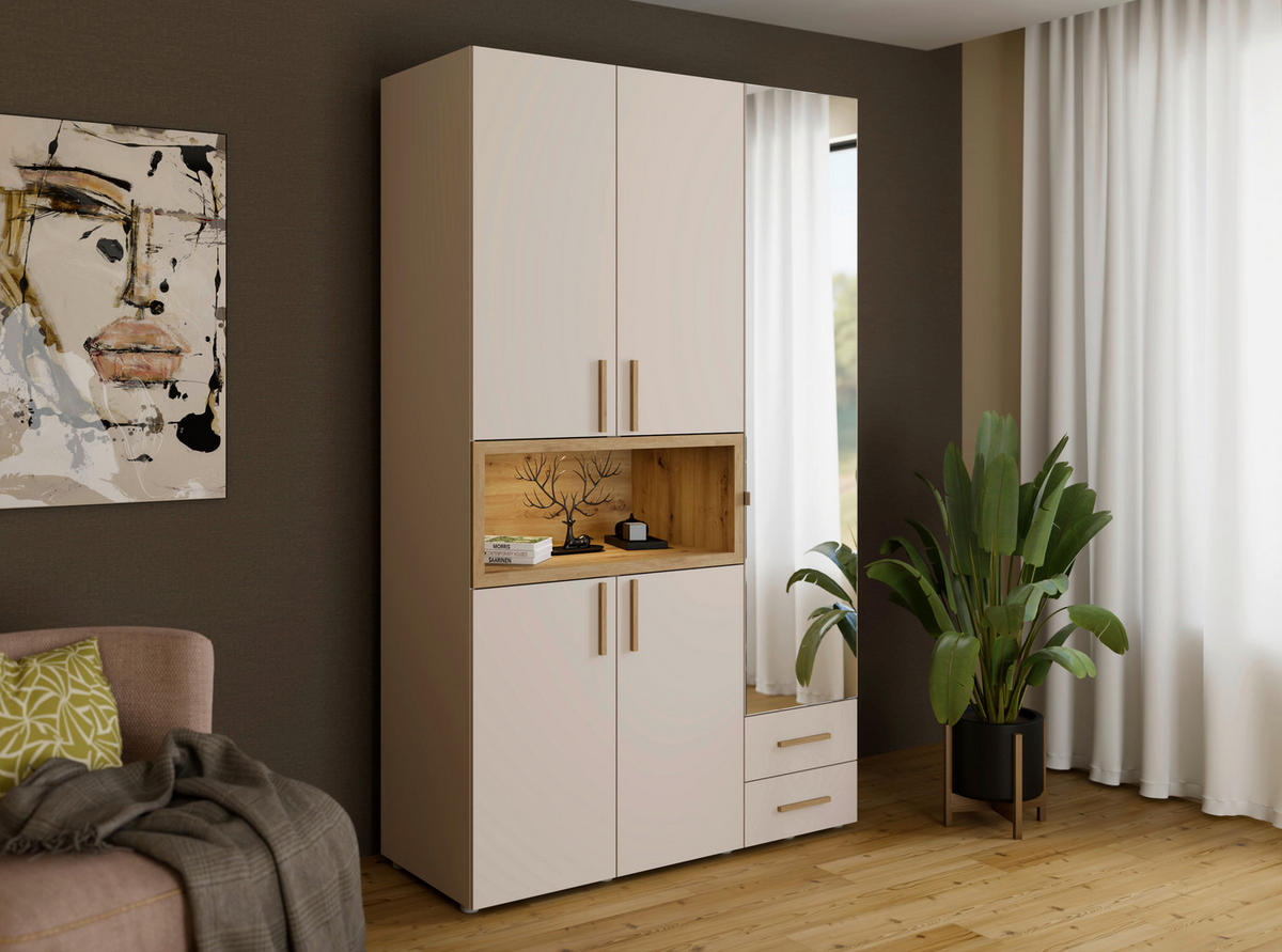 KLEIDERSCHRANK 134,5/226,5/56 cm,  in Kaschmir, Eiche Artisan, 5-türig  - Kaschmir/Beigebraun, MODERN, Glas/Holzwerkstoff (134,5/226,5/56cm) - MID.YOU