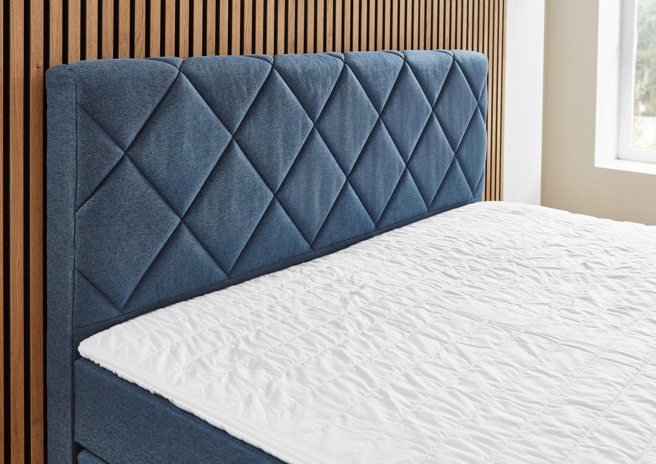 Thumbnail - Boxxx Boxspringbett, Dunkelblau, Textil, H2, Höhe ca. 15 cm, 160x200 cm, Oeko-Tex® Standard 100, gepolstertes Kopfteil, ...