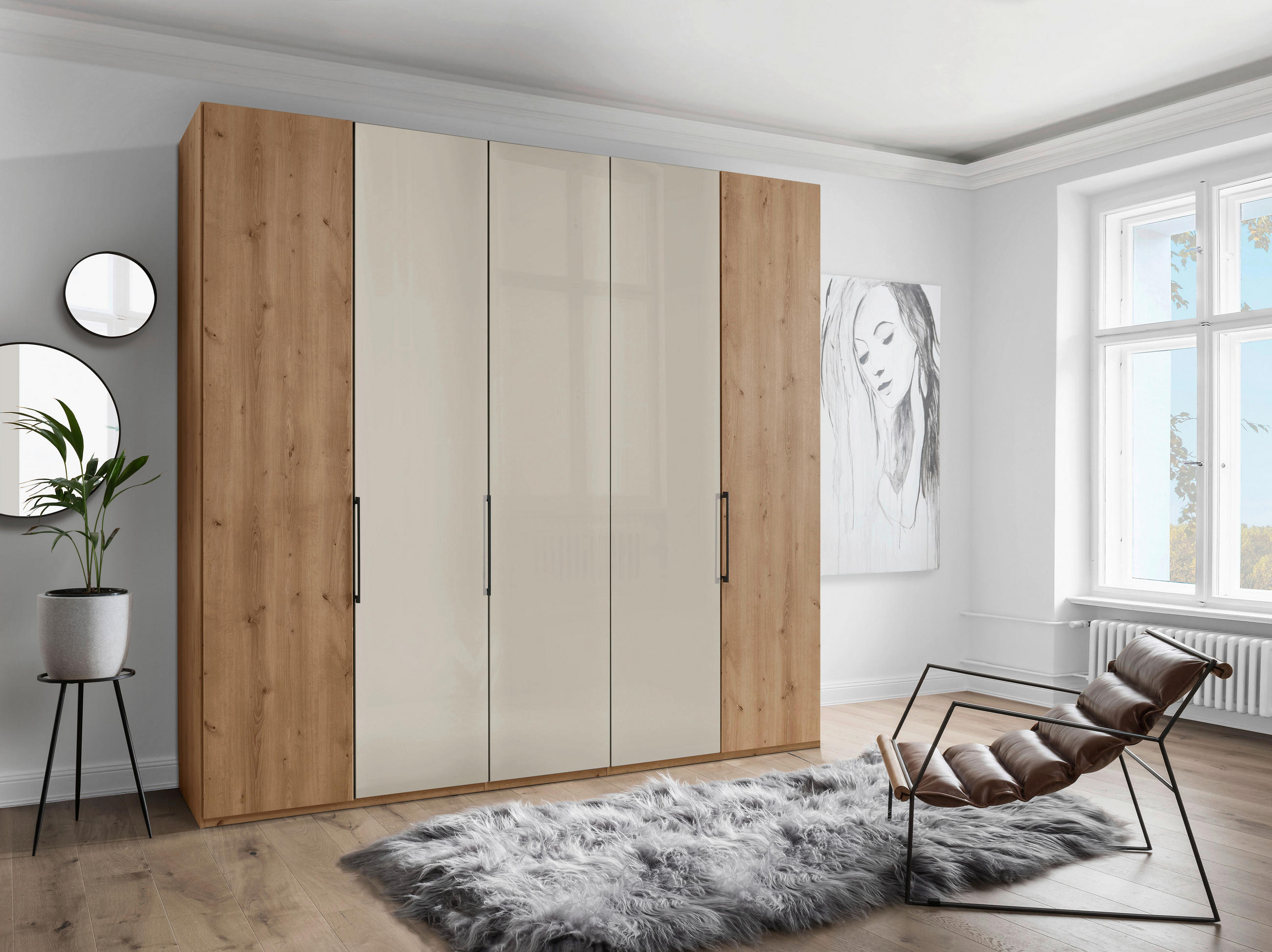 DREHTÜRENSCHRANK 250/236/58 cm 5-türig Champagner, Eiche Bianco  - Schieferfarben/Eiche Bianco, KONVENTIONELL, Glas/Holzwerkstoff (250/236/58cm) - Dieter Knoll