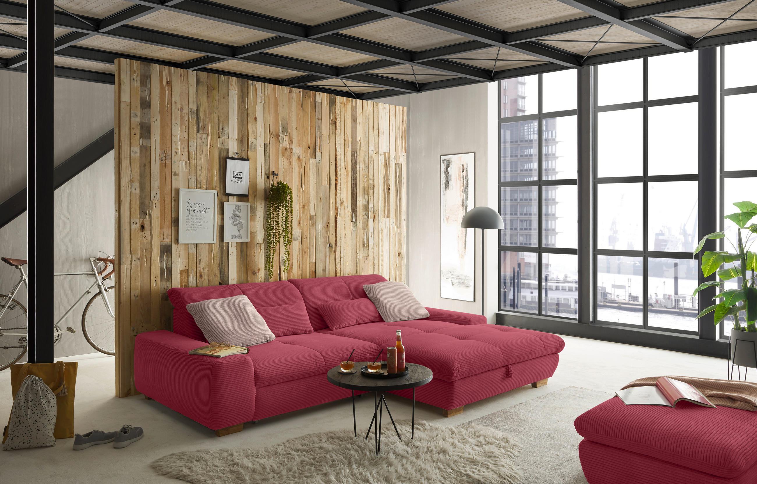 ECKSOFA Beere Cord  - Eichefarben/Beere, Design, Holz/Textil (276/198cm) - SetOne by Musterring