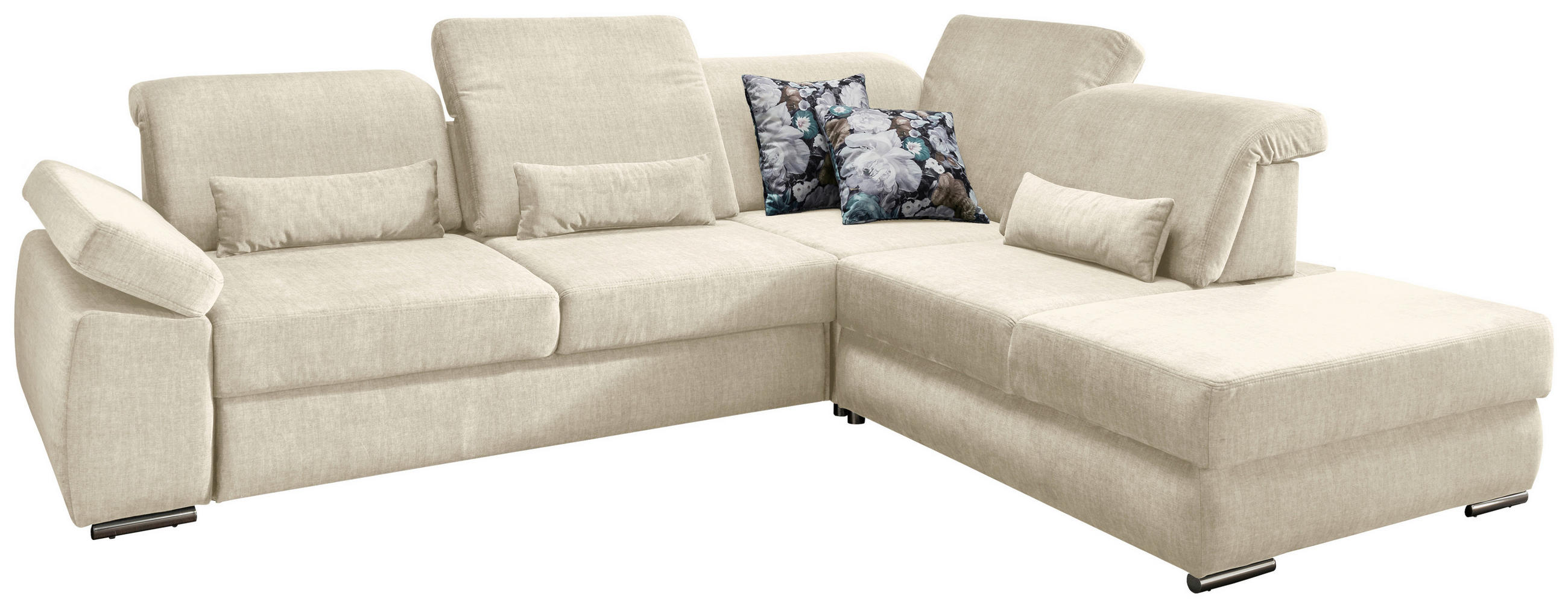 ECKSOFA mit Schlaffunktion Creme Velours  - Chromfarben/Creme, MODERN, Textil/Metall (297/250cm) - Livetastic