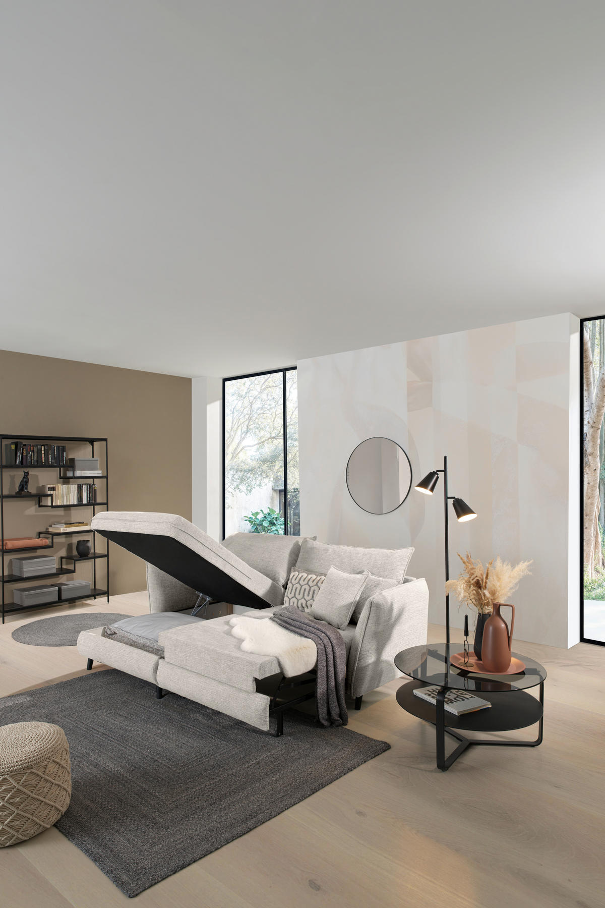 ECKSOFA inkl. Funktionen in Struktur Creme  - Creme/Schwarz, Design, Holz/Textil (245/161cm) - Stylife