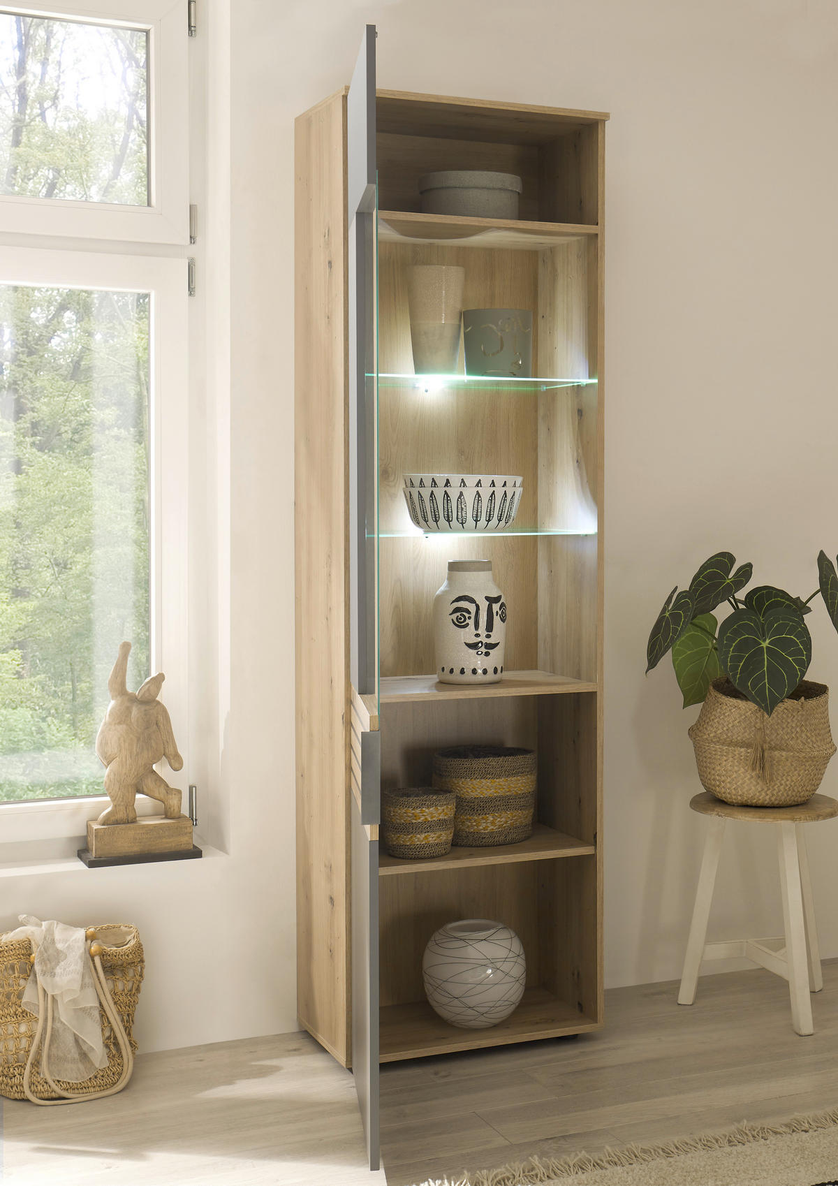 VITRINE in Eiche Artisan, Grau  - Schwarz/Eiche Artisan, Design, Glas/Holzwerkstoff (58/199,4/37cm) - MID.YOU