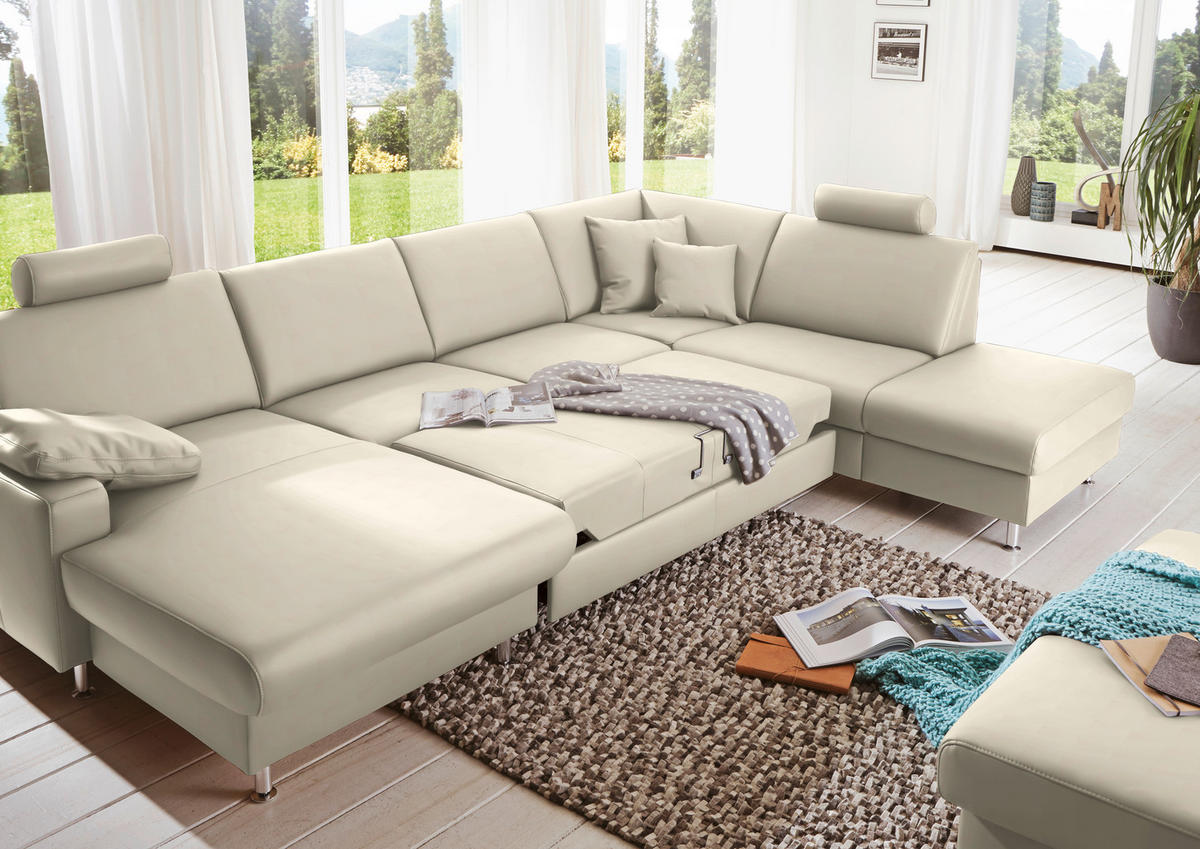 WOHNLANDSCHAFT in Echtleder Creme  - Creme/Alufarben, Design, Leder/Metall (165/339/233cm) - Beldomo Premium