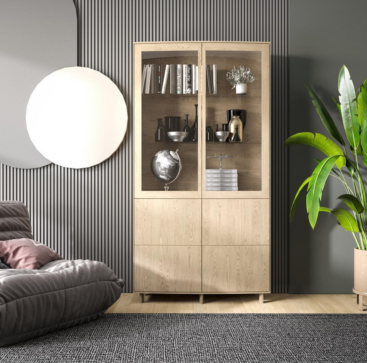 VITRINSKÅP i faner, delar i massivt trä ek ekfärgad, transparent, vit  - vit/transparent, Design, trä/glas (100/192/37cm) - Skovby