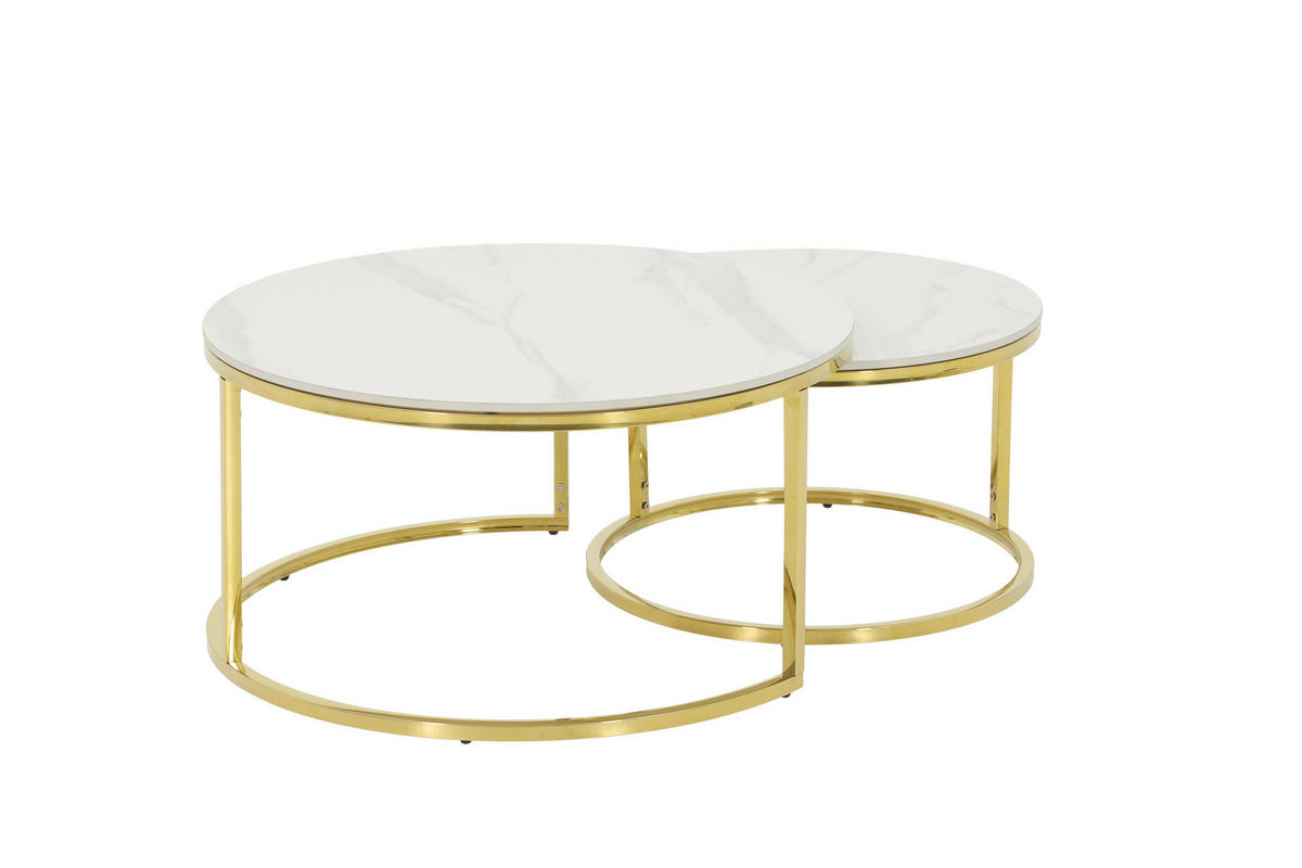 COUCHTISCHSET rund Weiß  - Goldfarben/Weiß, Design, Stein (80/60/41/37cm) - Livetastic