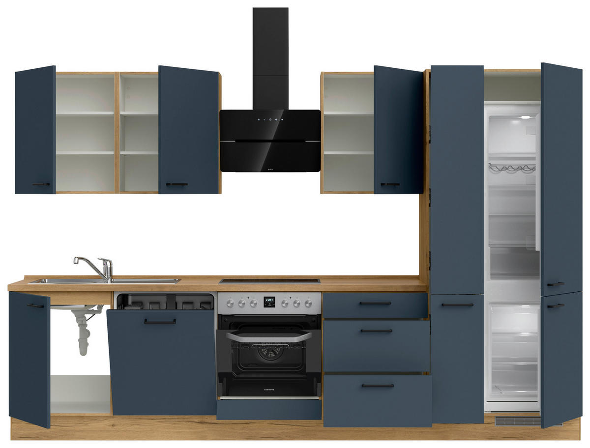 KÜCHENBLOCK 330 cm   in Eichefarben, Dunkelblau  - Eichefarben/Schwarz, MODERN, Holzwerkstoff/Metall (330cm) - Nobilia