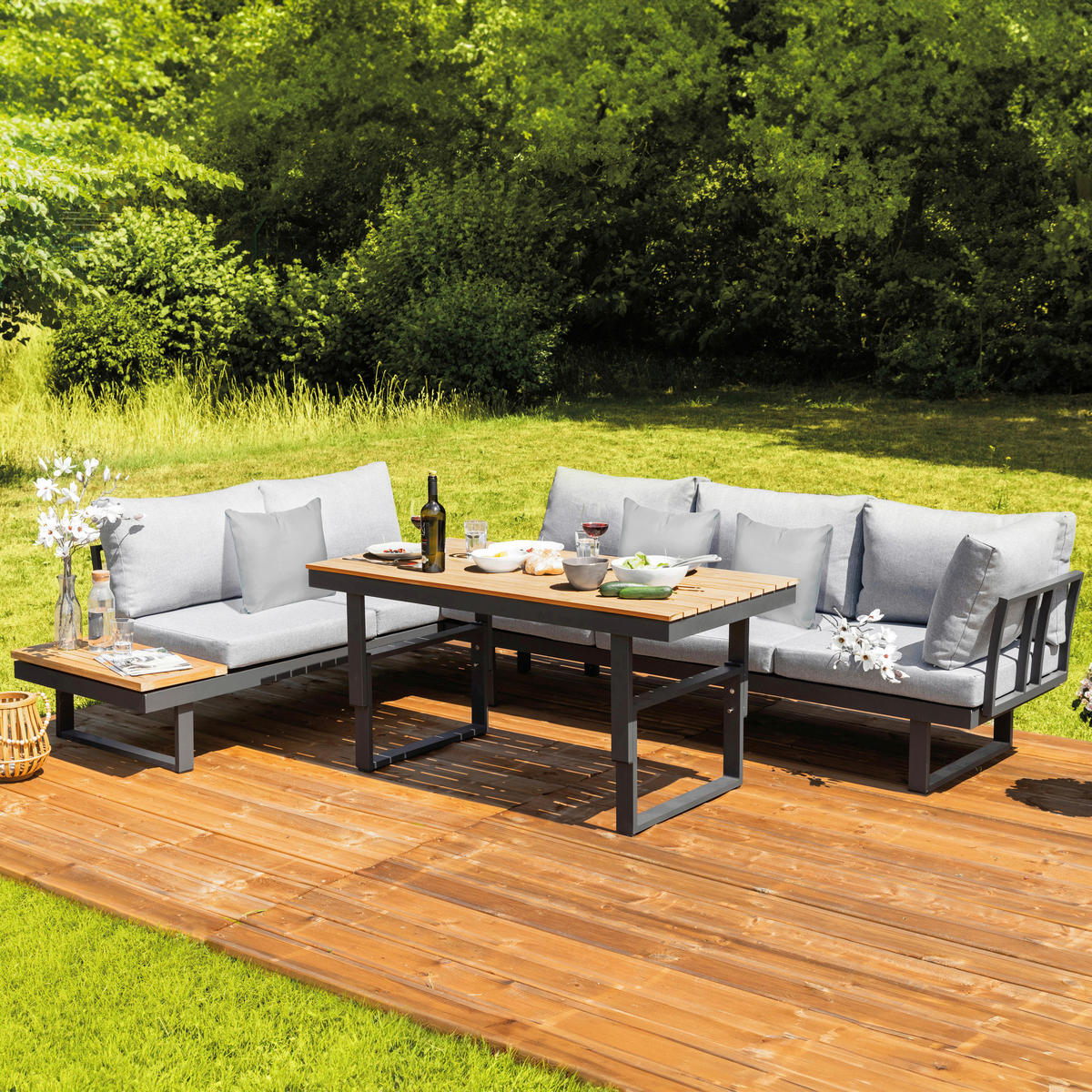 LOUNGEGARNITUR Akazie Hartholz Aluminium  - Anthrazit/Braun, MODERN, Holz/Textil (210/75/210cm) - Gardenson