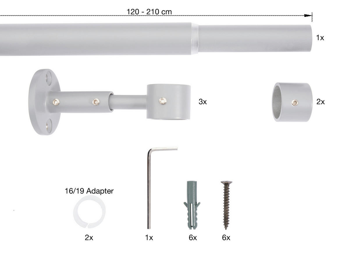 TYČ NA ZÁVĚSY S PŘÍSLUŠENSTVÍ   - šedá, Basics, kov (210/8/3,3cm) - Homeware