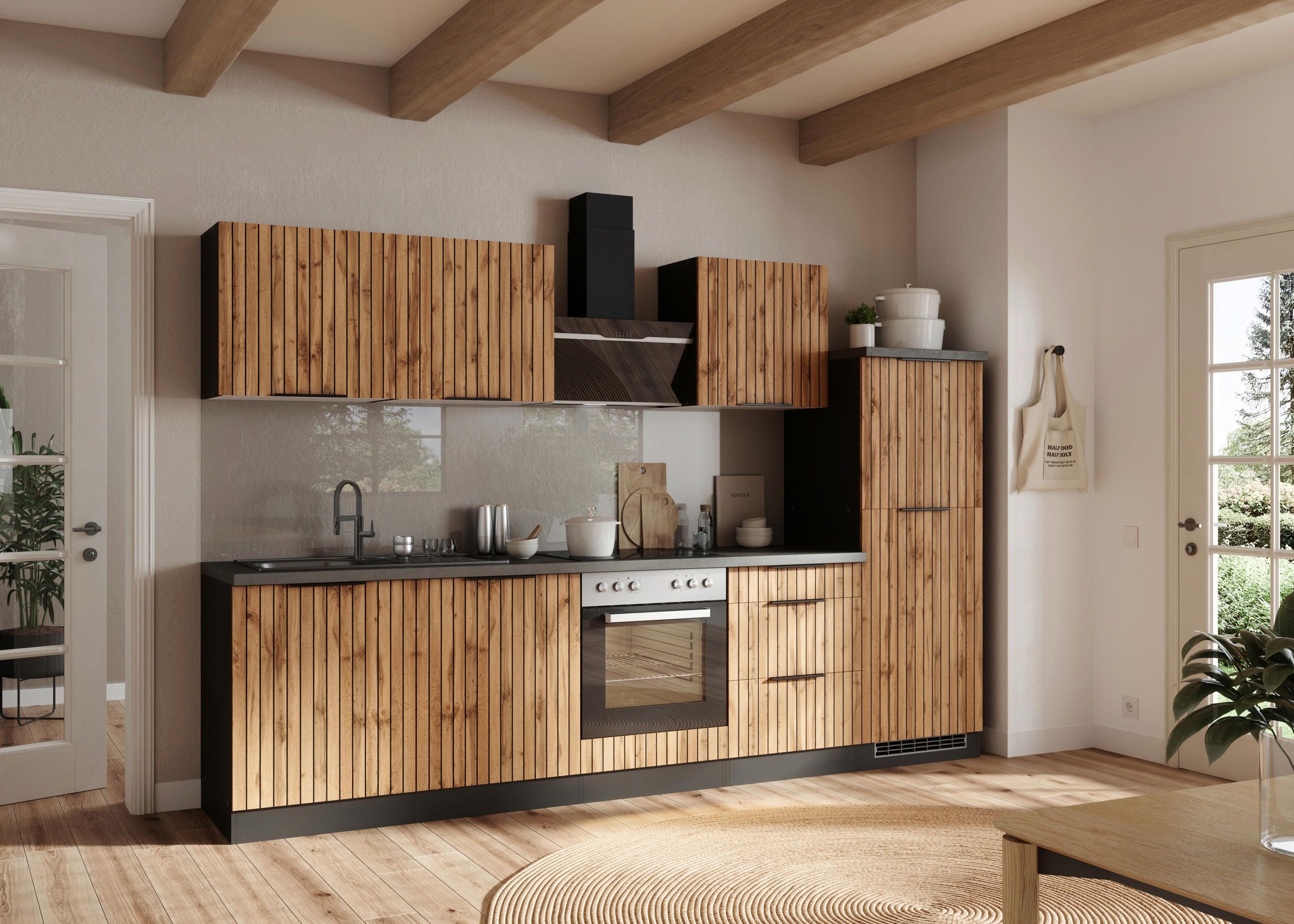 MODULKÖK 300 cm   i grafitfärgad, ek Wotan  - ek Wotan/grafitfärgad, Basics, metall/trämaterial (300cm) - Held