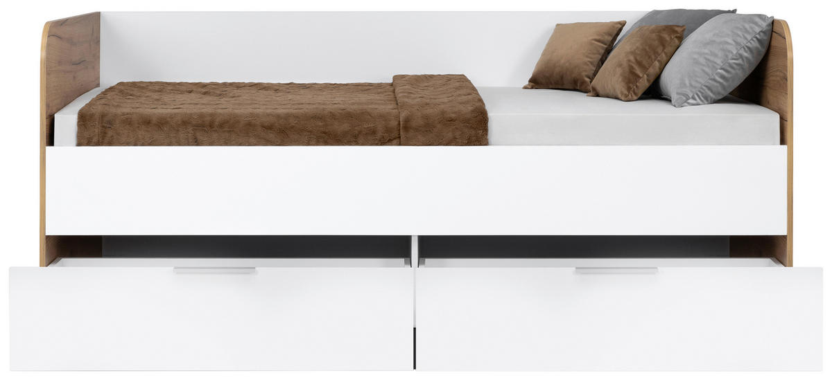 STAURAUMBETT 90/200 cm  in Eiche Wotan  - Weiß Hochglanz/Eiche Wotan, MODERN, Holzwerkstoff (90/200cm) - MID.YOU