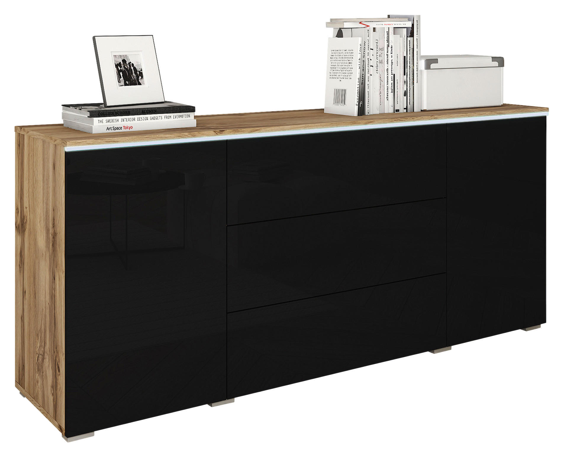SIDEBOARD Vera  in 150/67,9/39,5 cm  - Schwarz Hochglanz/Eiche Wotan, LIFESTYLE, Holzwerkstoff/Kunststoff (150/67,9/39,5cm) - P & B