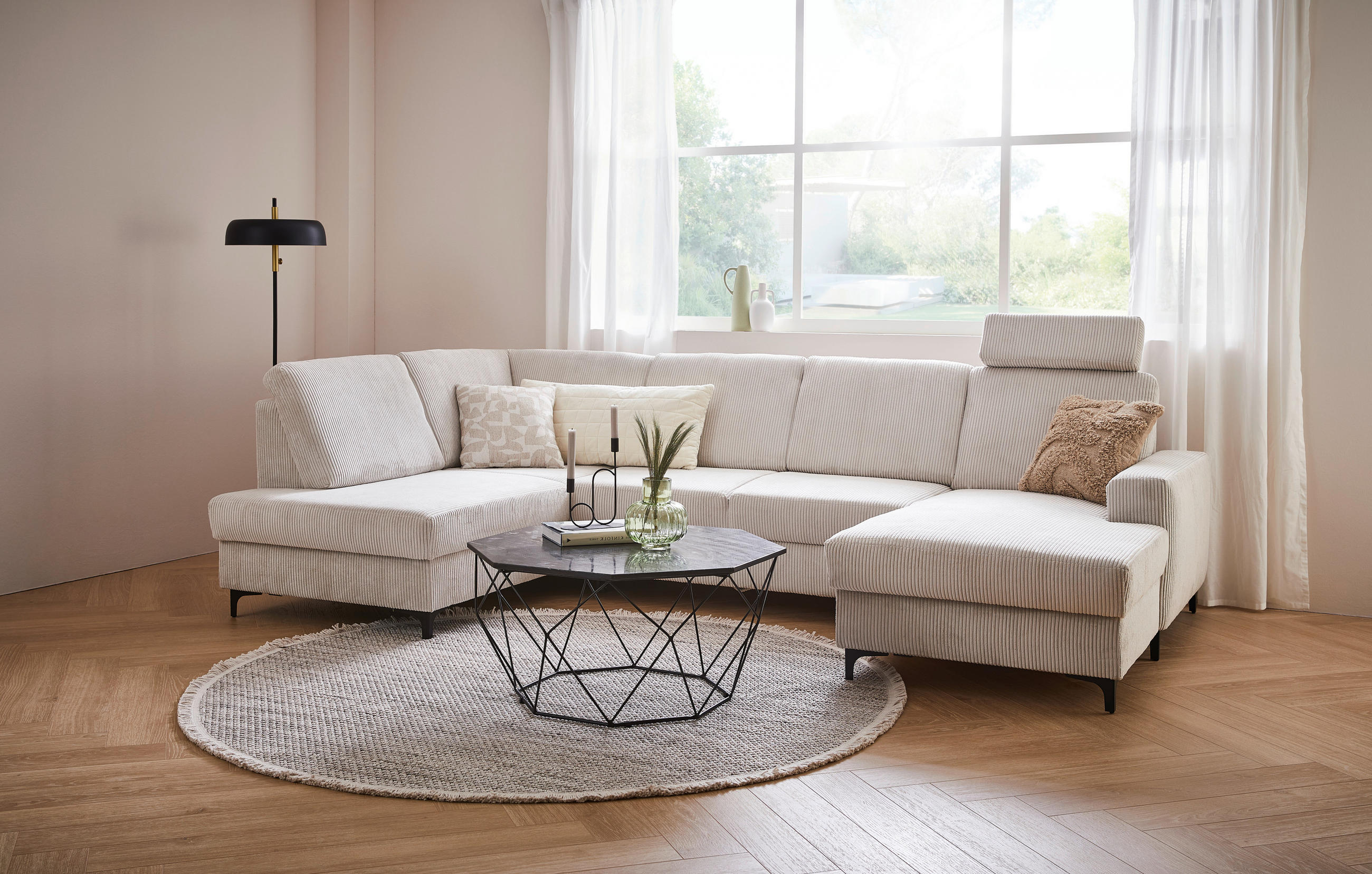 WOHNLANDSCHAFT Creme Cord  - Creme/Schwarz, KONVENTIONELL, Textil/Metall (185/317/167cm) - Stylife