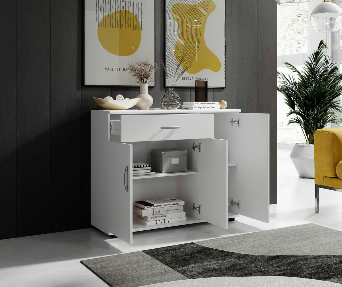 KOMODA  90/70/30 cm  bela  - bela/srebrna, Konvencionalno, pločasti materijal/plastika (90/70/30cm) - Carryhome