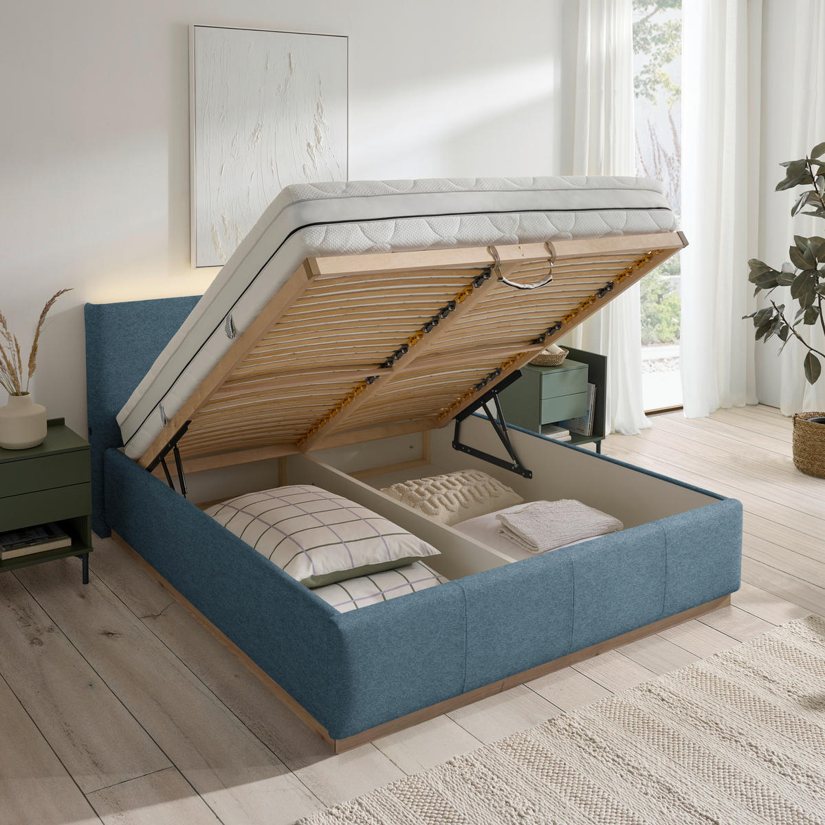 POLSTERBETT Beleuchtung, Lattenrost, Bettkasten Blau 180/200 cm  - Blau/Birkefarben, Design, Holz/Holzwerkstoff (180/200cm) - Lomoco