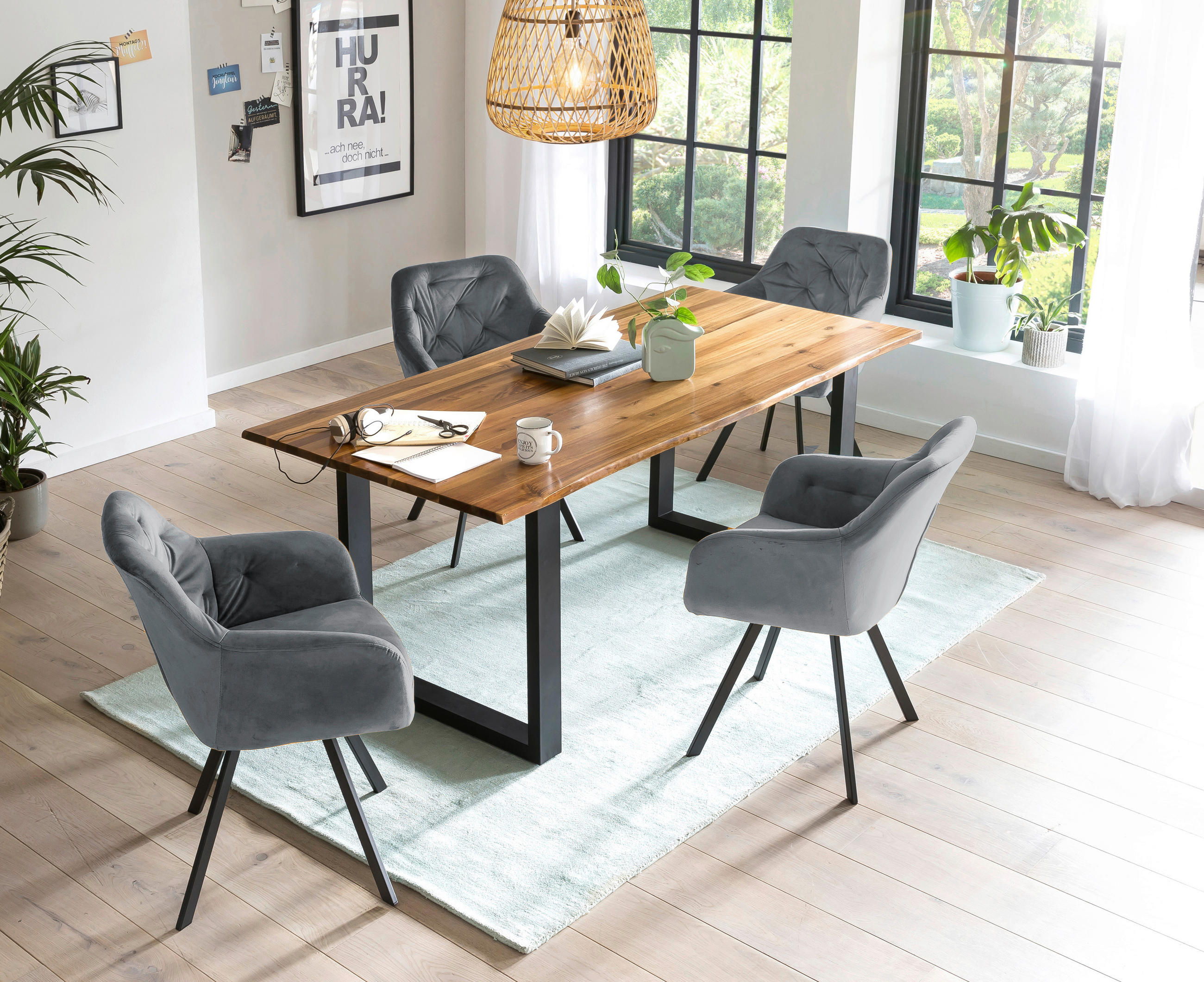 TISCHGRUPPE Grau, Cognac  - Cognac/Grau, MODERN, Holz/Textil (160/85/77cm) - Livetastic