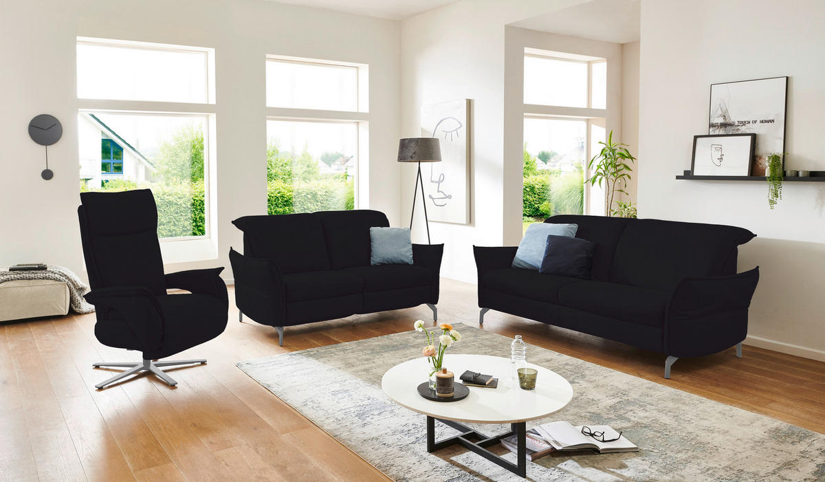 2,5-SITZER in Lederlook (vegan) Schwarz  - Schwarz/Nickelfarben, Modern, Textil/Metall (185/89/109cm) - Livetastic