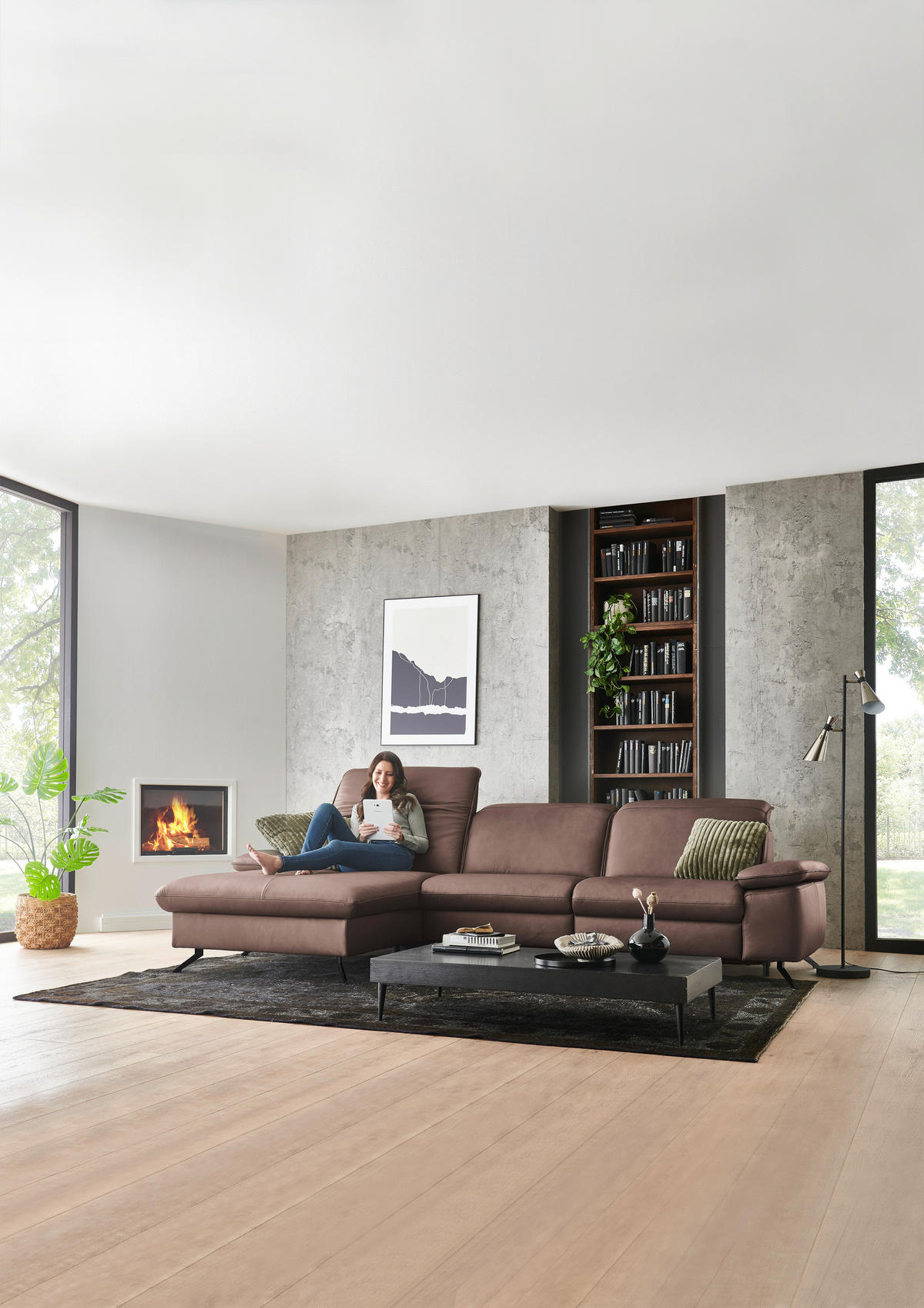 ECKSOFA Echtleder Rotbraun  - Rotbraun/Schwarz, Design, Leder/Metall (169/307cm) - Beldomo Premium