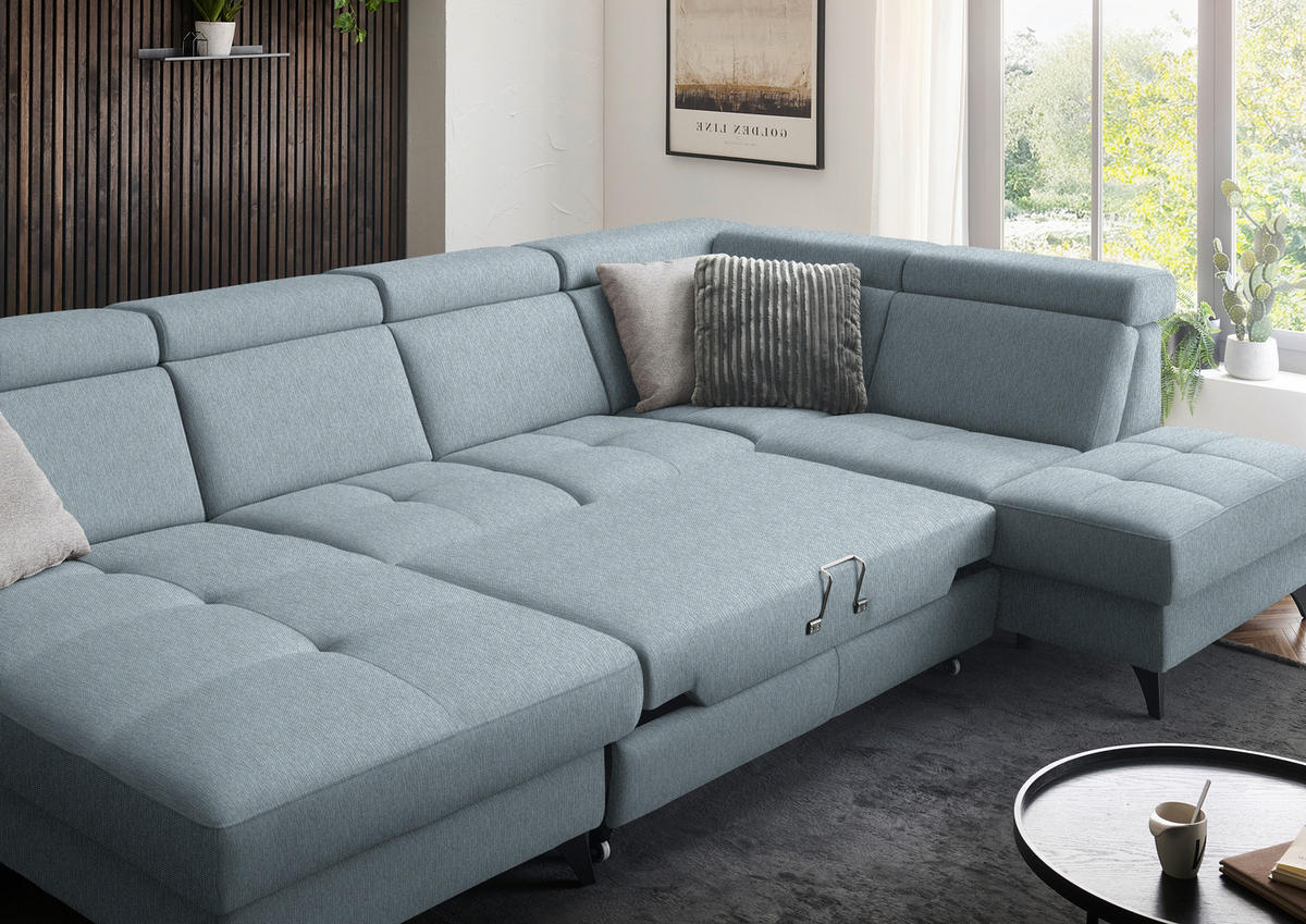 WOHNLANDSCHAFT Flachgewebe Hellblau  - Schwarz/Hellblau, Konventionell, Textil/Metall (174/333/215cm) - Beldomo System