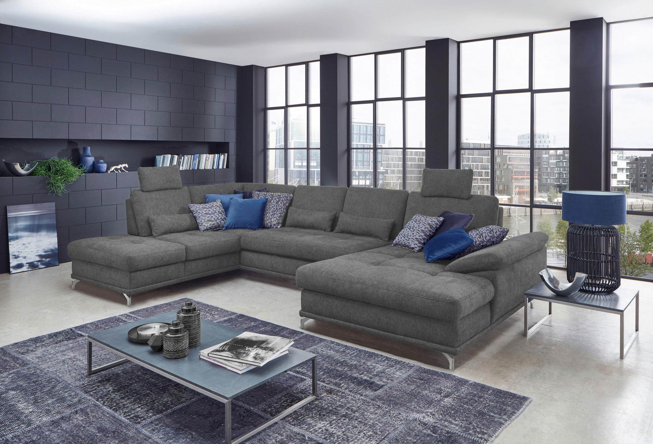WOHNLANDSCHAFT Grau Flachgewebe  - Silberfarben/Grau, KONVENTIONELL, Textil/Metall (223/363/176cm) - Sit & More