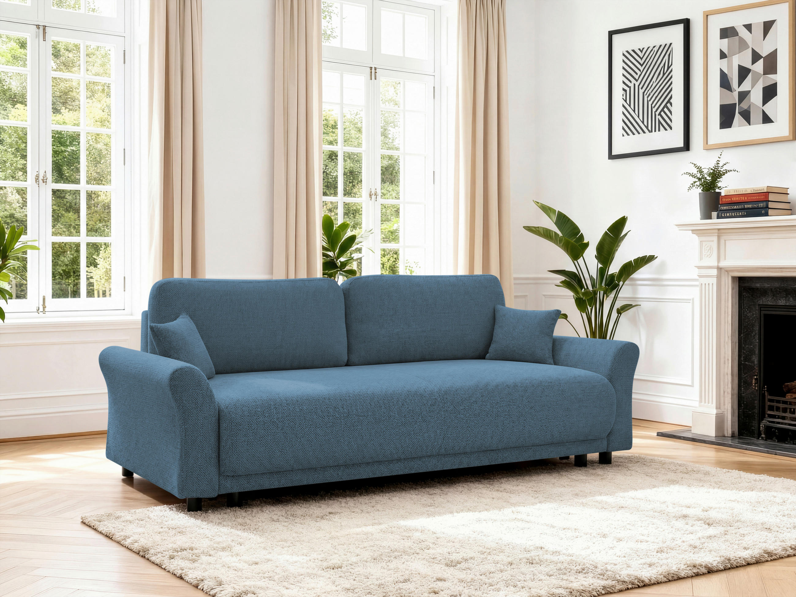 SCHLAFSOFA Flachgewebe, Struktur Blau  inkl. Zierkissen, Rückenkissen, Bettkasten, Schlaffunktion, Rücken echt  - Blau/Schwarz, Design, Textil (244/88/100cm) - P & B
