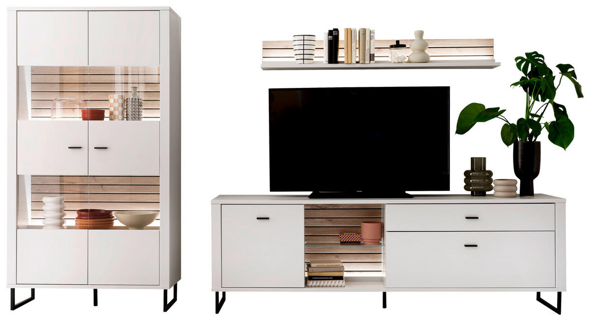 WOHNWAND  in Weiss, Eichefarben 326/185/44 cm  - Weiss/Eichefarben, Design, Glas/Holzwerkstoff (326/185/44cm) - Stylife