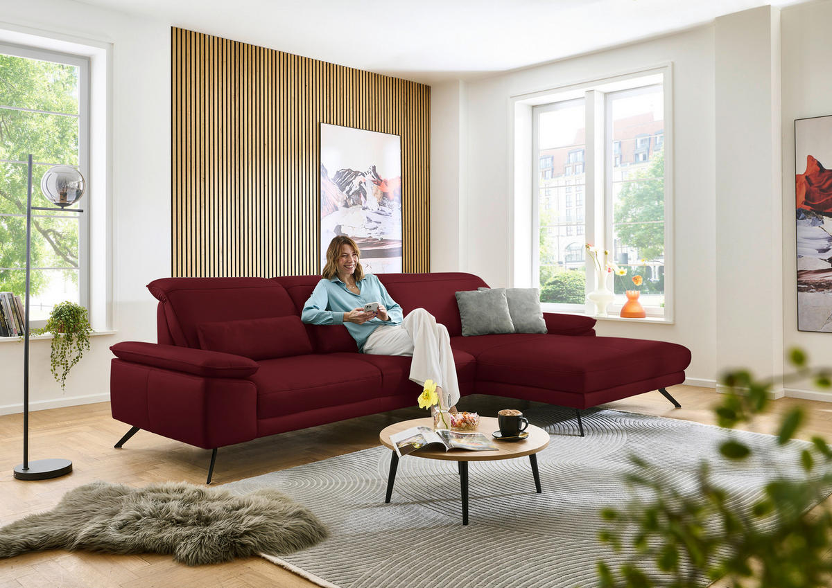 ECKSOFA in Echtleder Dunkelrot  - Schwarz/Dunkelrot, Design, Leder/Metall (332/193cm) - Dieter Knoll