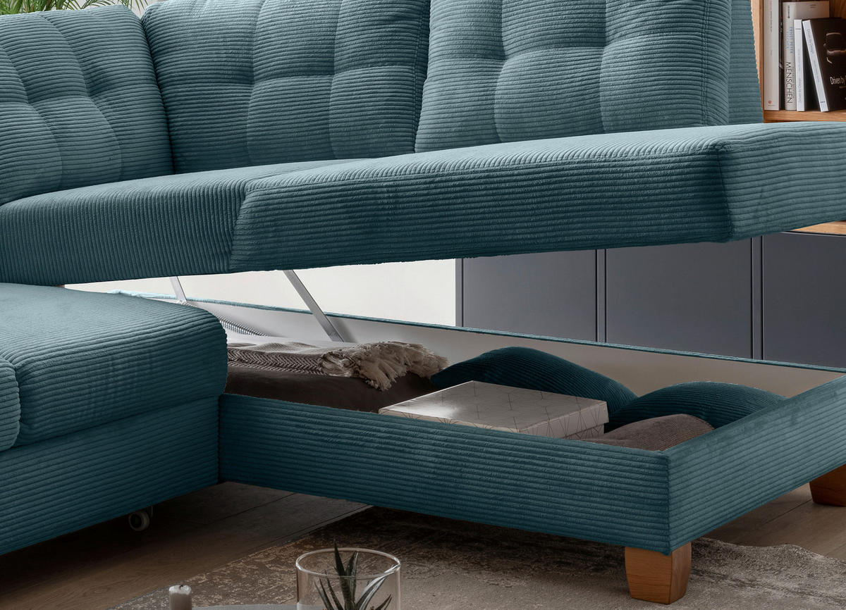 ECKSOFA in Cord Petrol  - Petrol/Naturfarben, Modern, Holz/Textil (274/206cm) - Livetastic