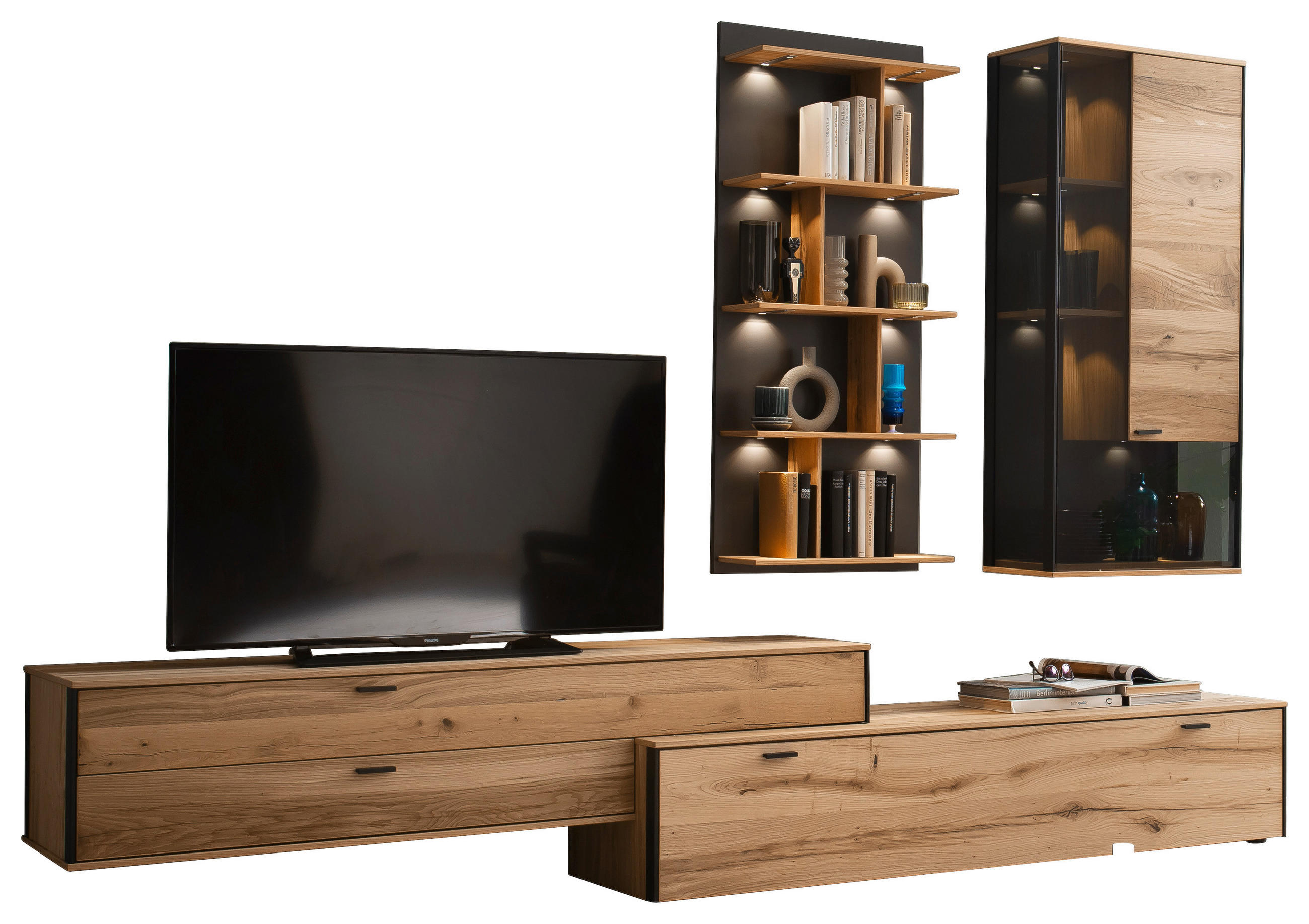 WOHNWAND 4-teilig  in Anthrazit, Eichefarben  303/207/53 cm  - Eichefarben/Anthrazit, Design, Glas/Holz (303/207/53cm) - Schöner Wohnen