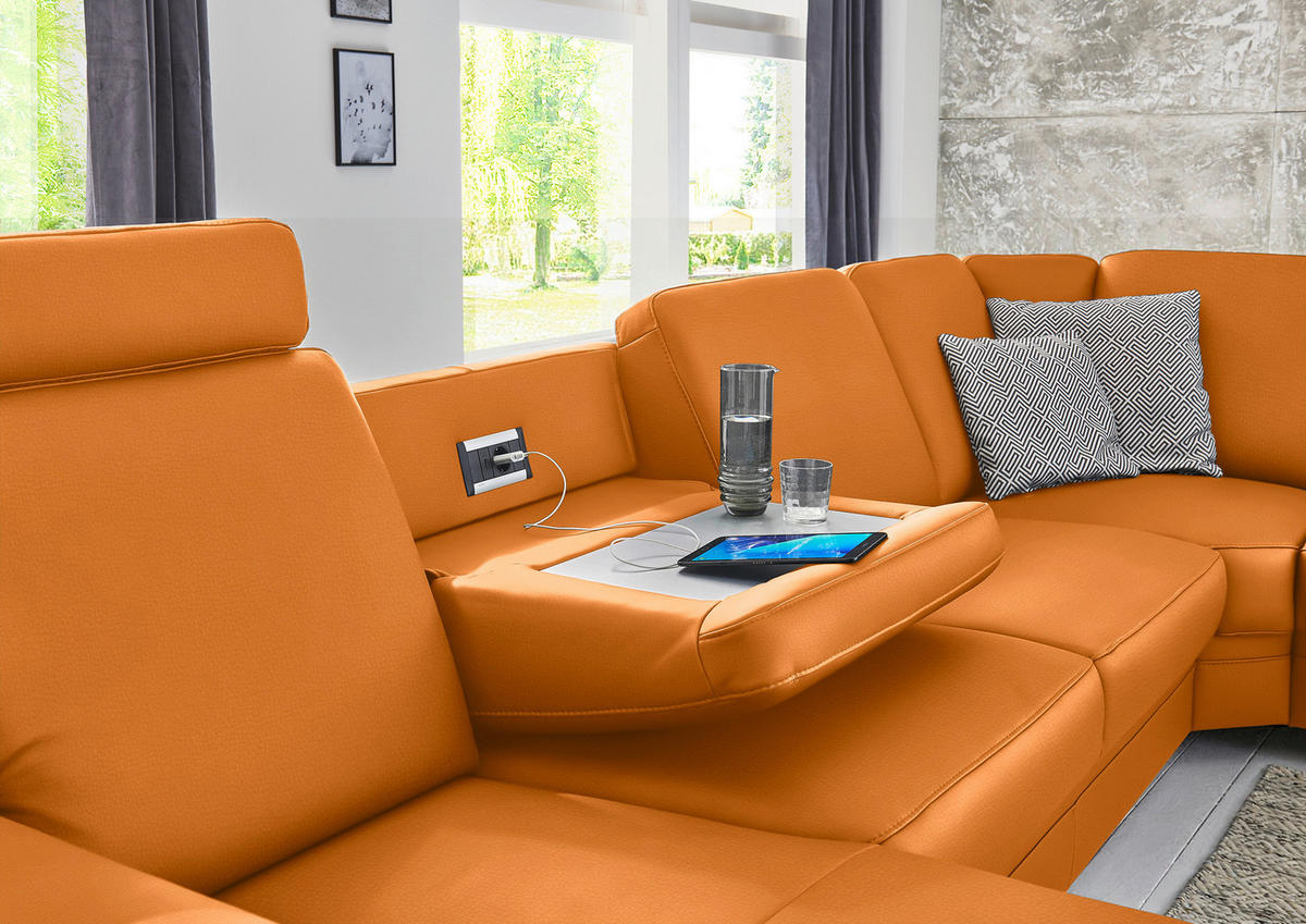 WOHNLANDSCHAFT  in Echtleder Currygelb  - Currygelb/Alufarben, KONVENTIONELL, Leder/Metall (165/329/239cm) - Beldomo Premium