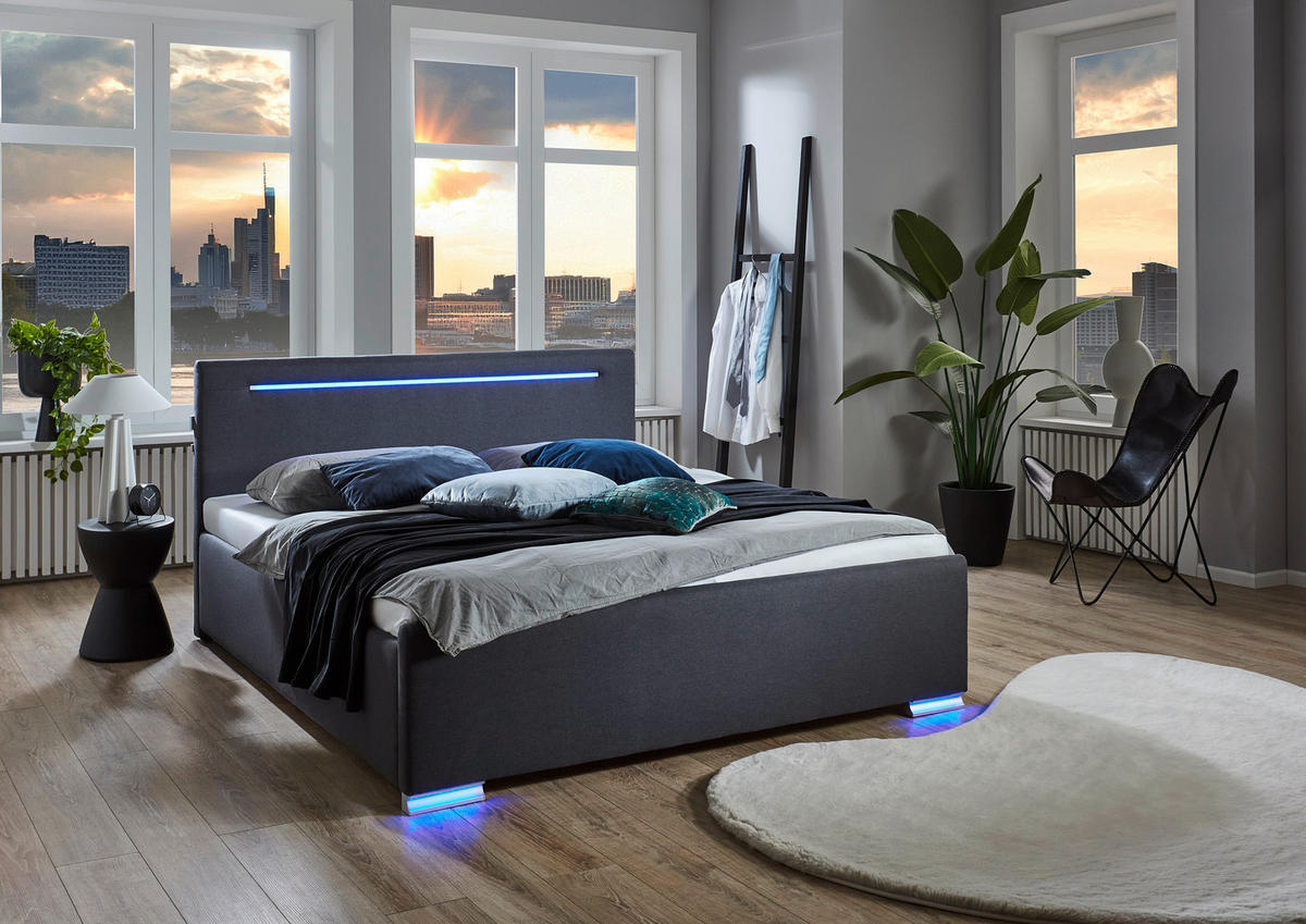 POLSTERBETT 180/200 cm,  in Anthrazit, Beleuchtung,  - Anthrazit/Silberfarben, Design, Kunststoff/Textil (180/200cm) - Boxxx