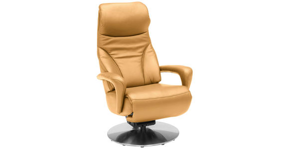 RELAXSESSEL Lenno Echtleder Nackenstütze, Relaxfunktion, Kopfteilverstellung, Fußteilverstellung    - Currygelb/Edelstahlfarben, Design, Leder/Metall (75/117/88cm) - Dieter Knoll
