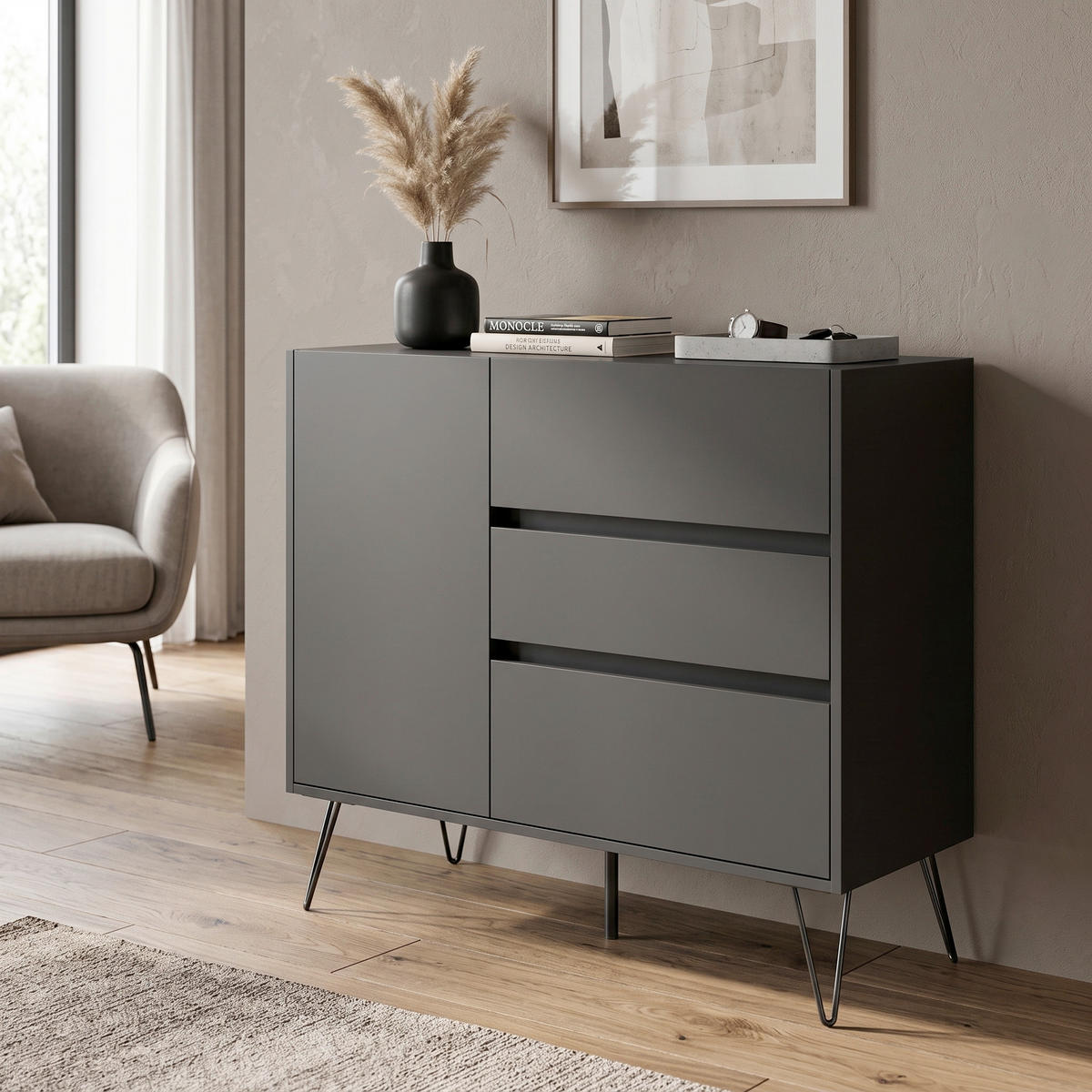 SIDEBOARD Posseik Industrial 99/93,6/42 cm 3 Schublade(n)  - Graphitfarben/Schwarz, Design, Holzwerkstoff/Metall (99/93,6/42cm) - MID.YOU