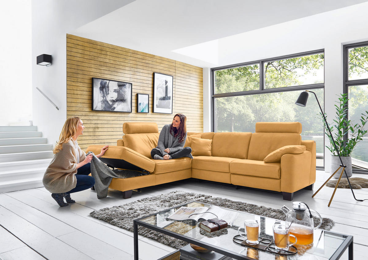 ECKSOFA in Echtleder Currygelb  235/259 cm  - Currygelb/Eichefarben, Design, Leder/Holz (235/259cm) - Valdera