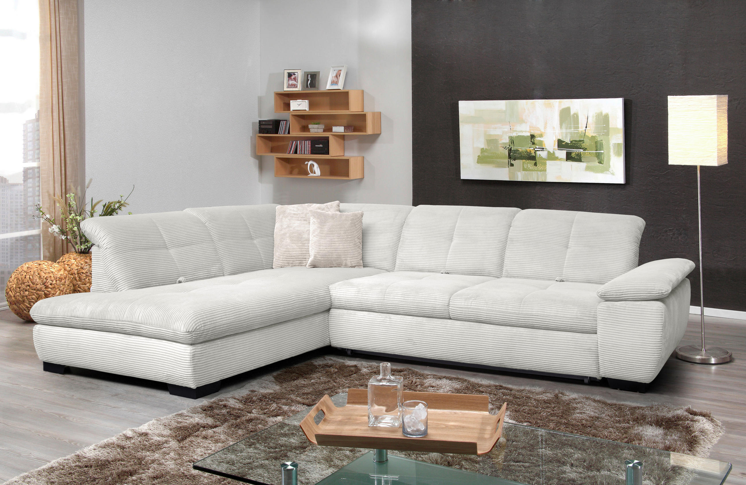 ECKSOFA in Cord Ecru  - Ecru/Schwarz, Design, Textil/Metall (242/313cm) - Xora