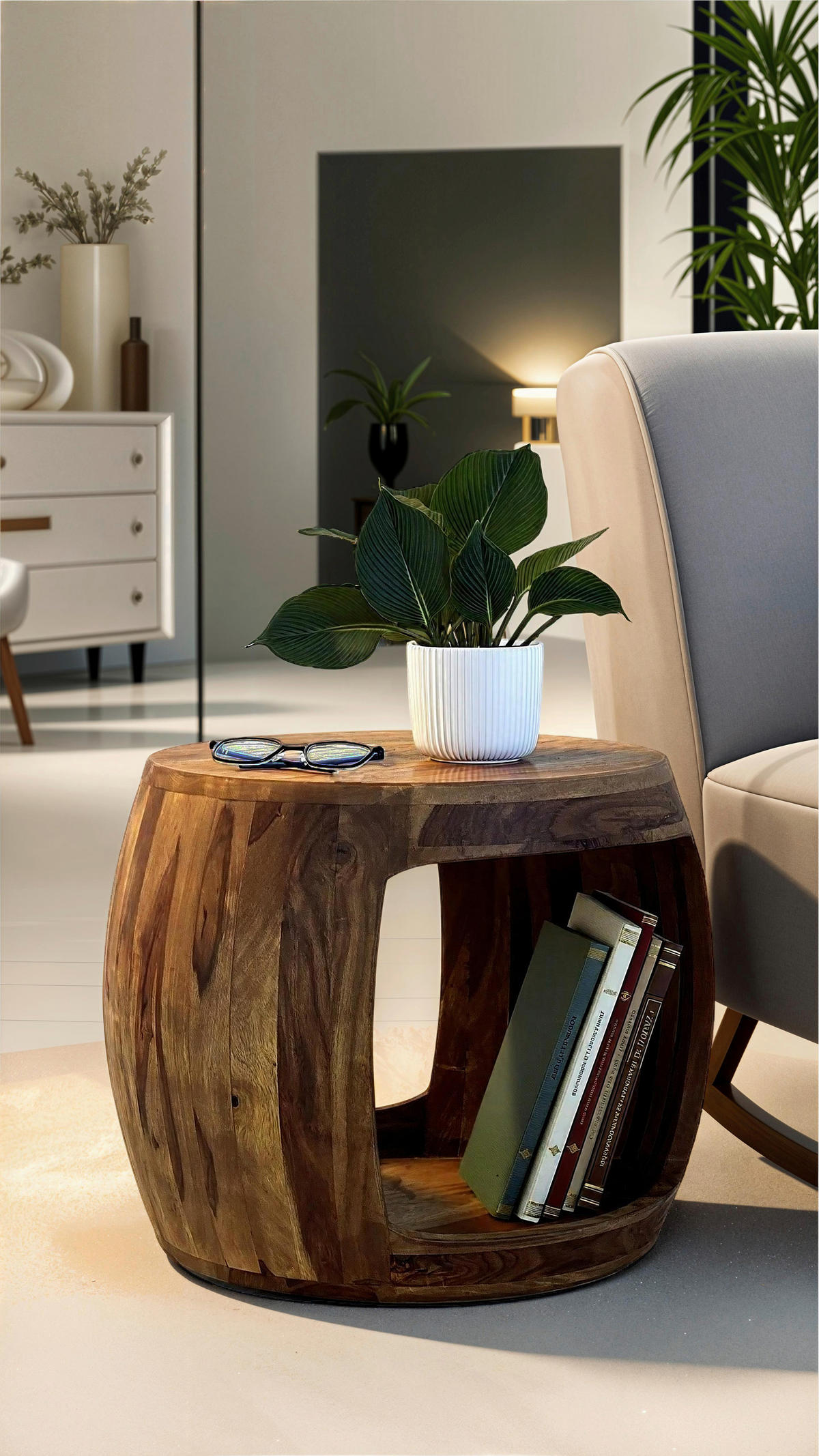 BEISTELLTISCH 50/50/40 cm Sheesham massiv Braun rund  - Braun, Design, Holz (50/50/40cm) - MID.YOU